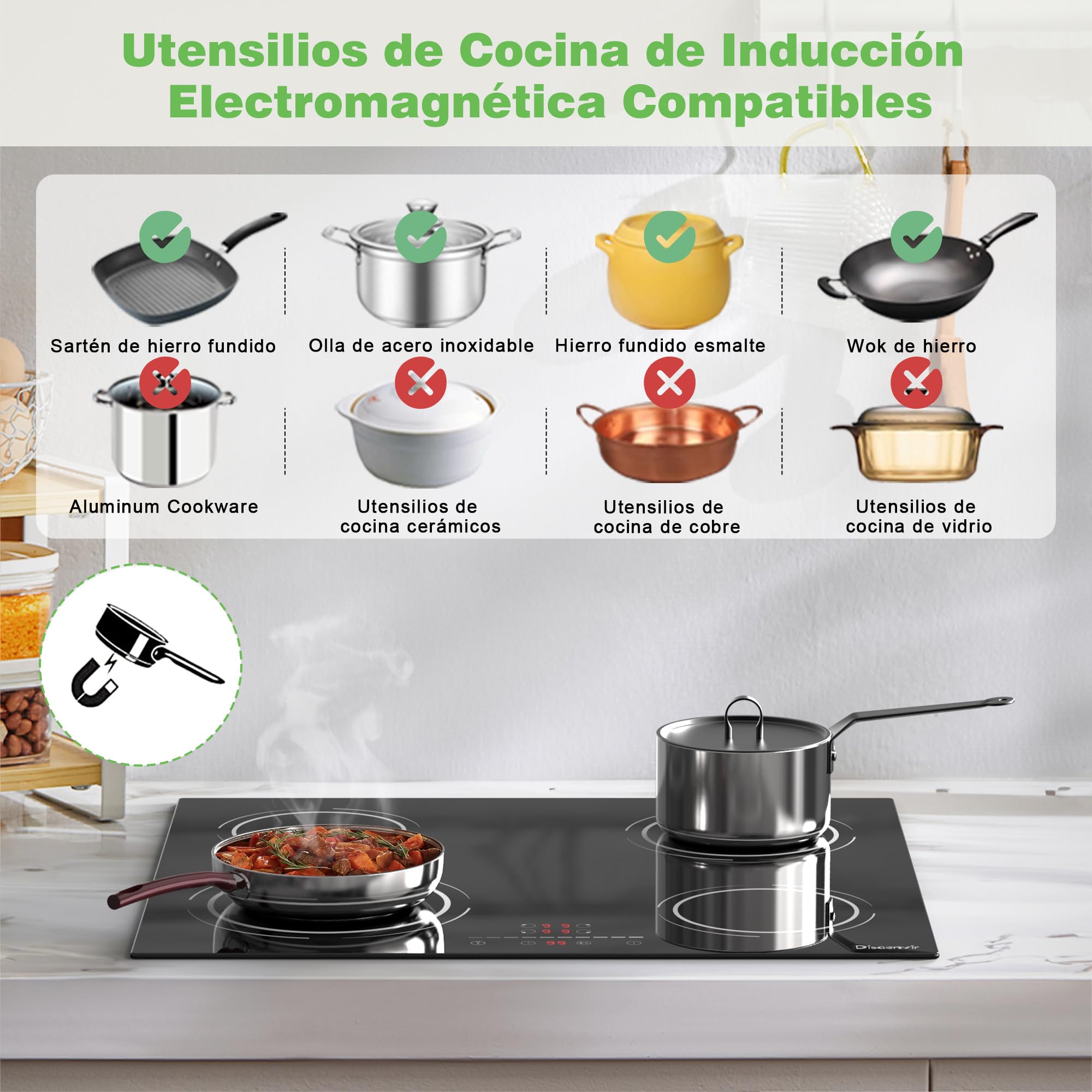Placa Induccion 4 Fuegos 6400W, Placa de Inducción Integrada 4 Placas, Vitroceramica Induccion 56×49cm, Función de Pausa, 9 Nivels, Control táctil, con Temporizador, Cerradura Infantil | Booster, temporizador, protección para niños, función de pausa, 9 ni