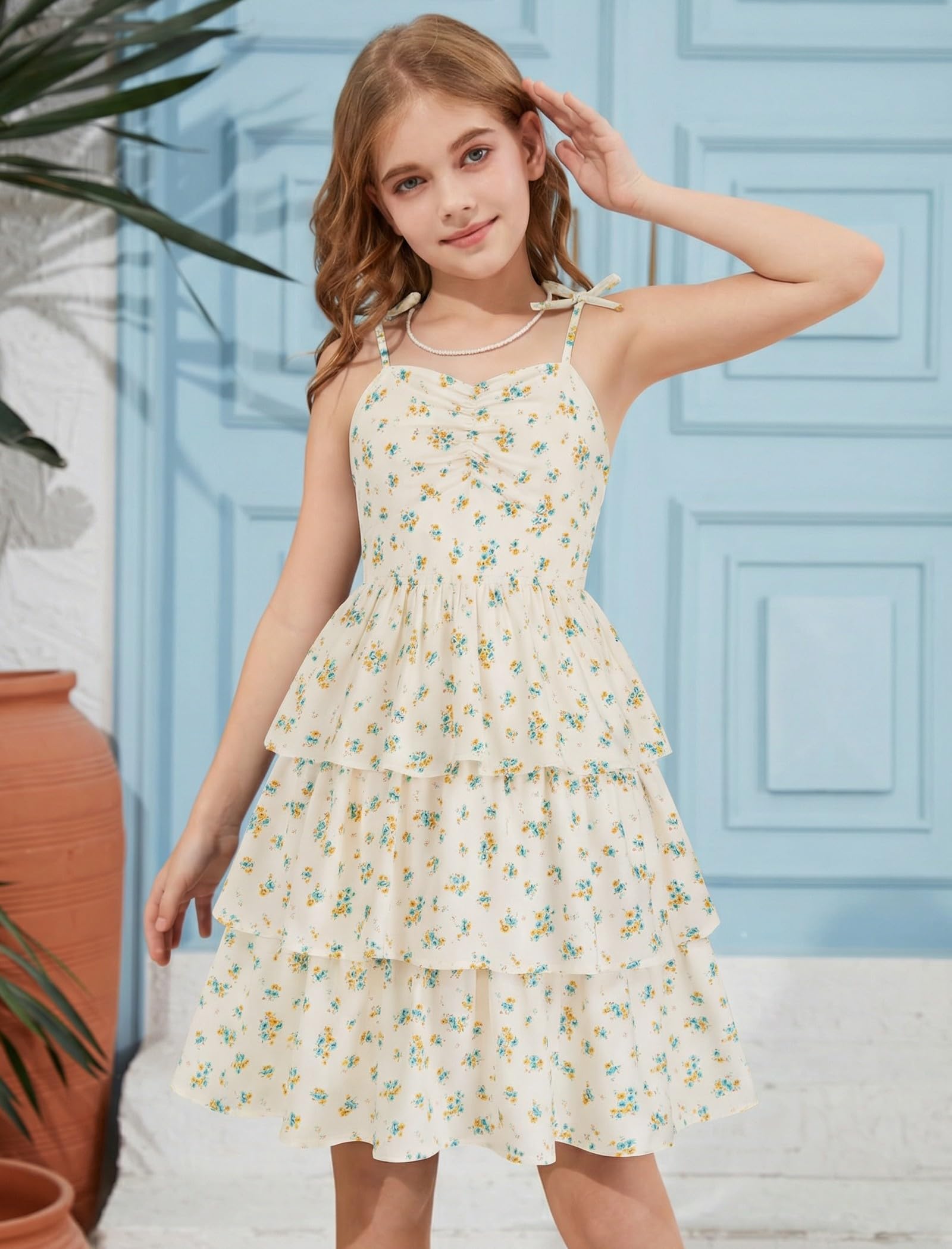 HOZIY Girls Summer Dress Teen Spaghetti Strap Ruched Sweetheart Short Dresses Kids Junior Ruffle Tiered Sundresses 7-16 Years - 2