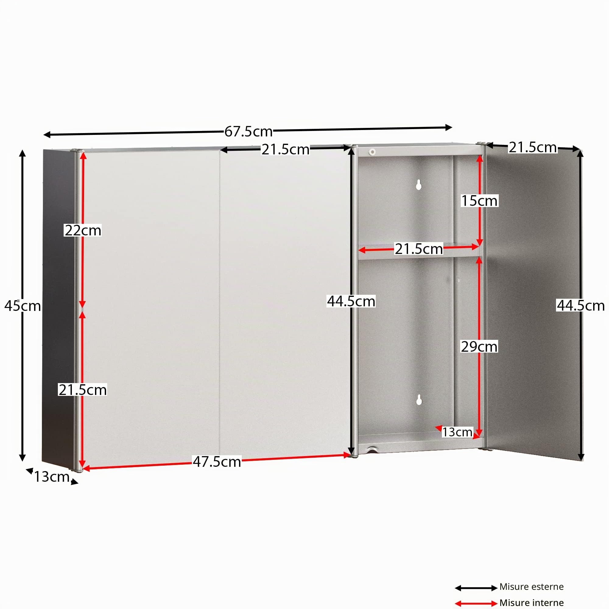 Bath Vida Tiano - Armadietto da Bagno con Triplo Specchio, Montaggio a Parete, in Acciaio Inox, Stile Moderno