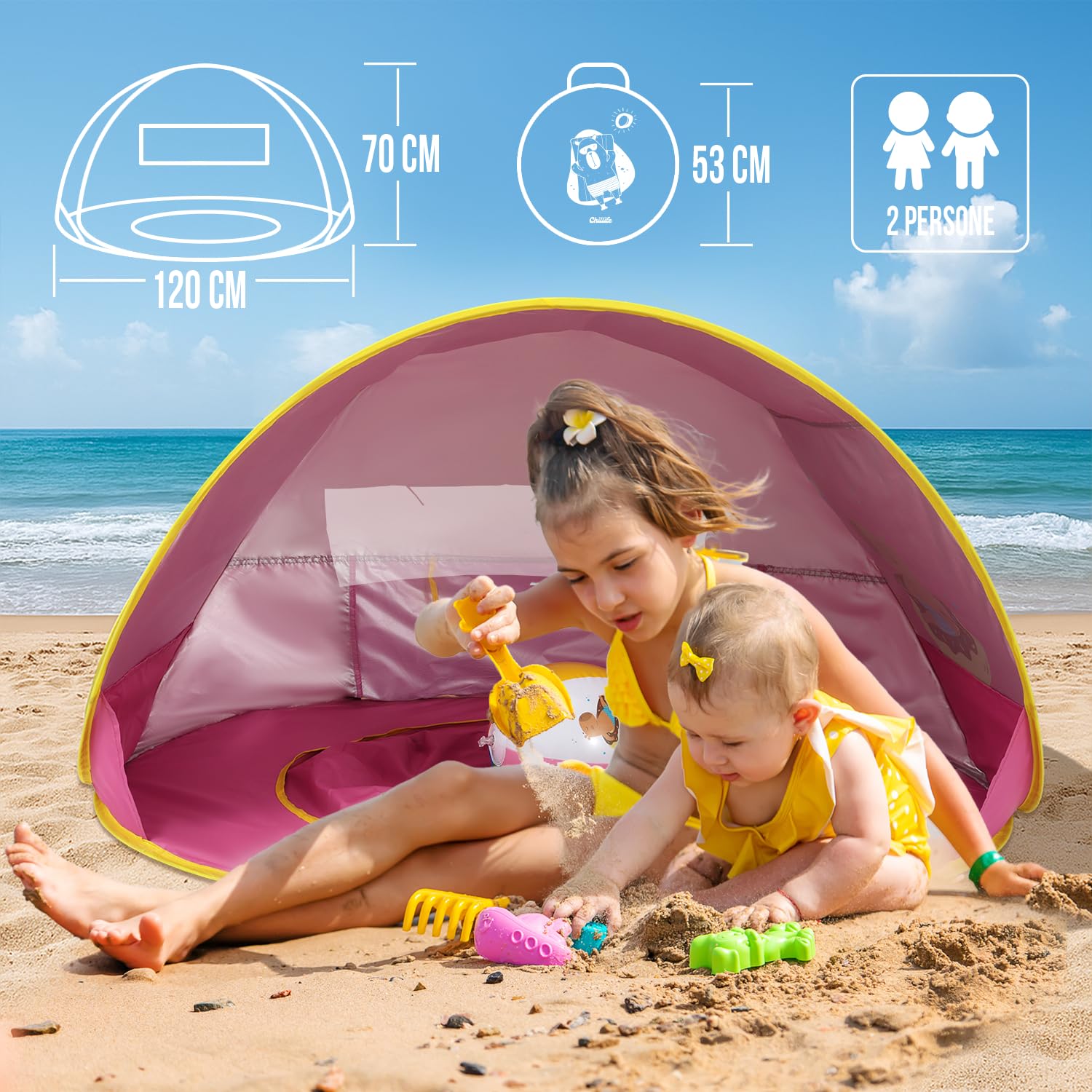 Chillife Namiot plażowy typu pop-up, przenośny namiot plażowy z ochroną UV i wiatrem, na plażę, zintegrowana piaskownica, basen I torby do przechowywania, zamek błyskawiczny dla 2 osób