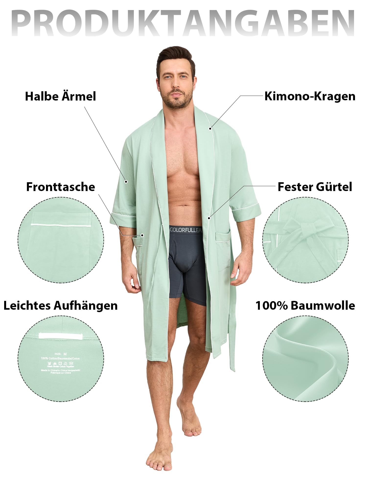 EA'S SECRET 100% Baumwolle Herren Leichte Bademantel Sommer 3/4-Ärmel Kimono Baderobe Weiches Knielang Sauna-Robe mit Taschen