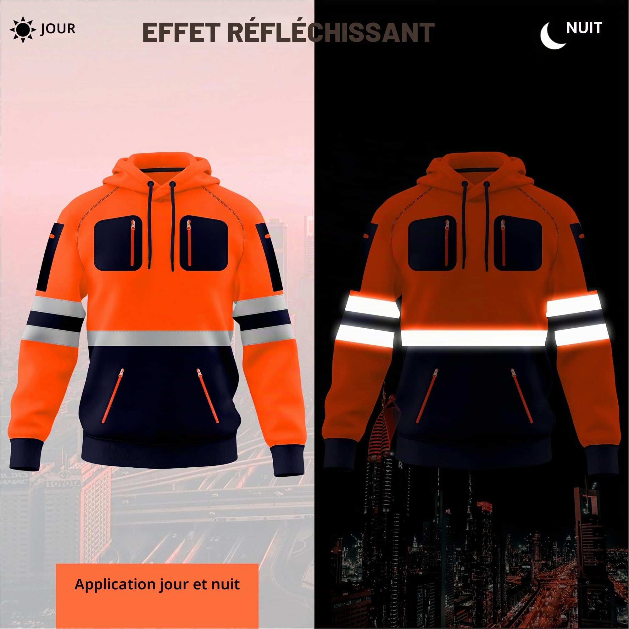 TORO ACTIVA Sweat à capuche haute visibilité pour homme avec bande réfléchissante haute visibilité et plusieurs poches zippées S-2XL