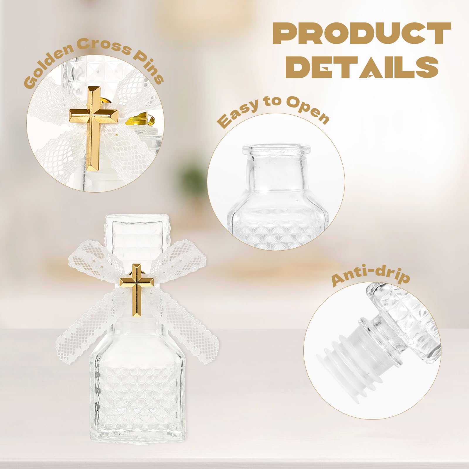 Rainmae 24 Sets Holy Bottle Baptism Favors with Cross Rosary 50ml Empty Glass Holy Container Bow Water Bottle for Guests Baptism Gifts Church Christian Wedding Baptism Favors - Image 4