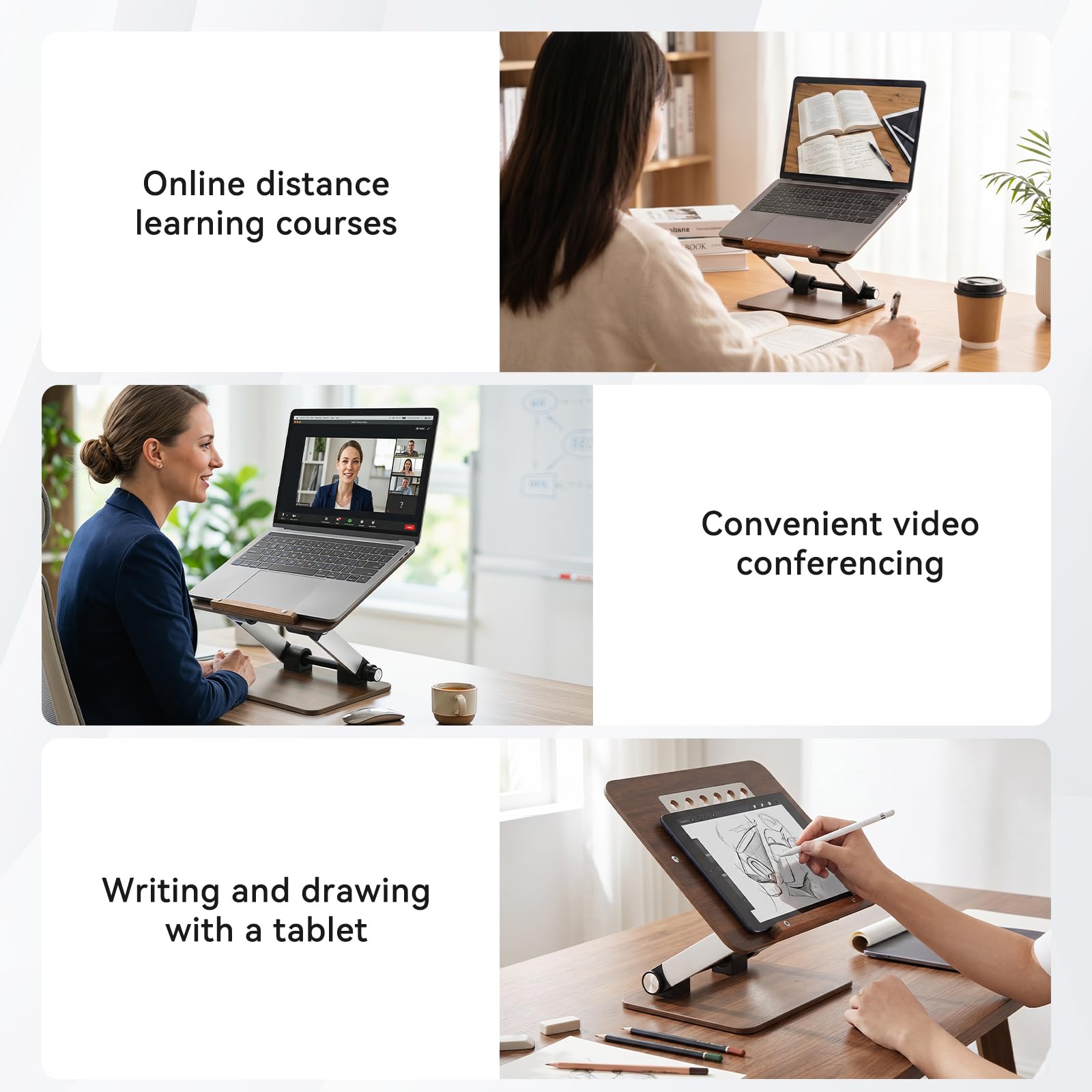 aceyoon Supporto regolabile per computer portatile da scrivania, in legno, pieghevole, con ventola di ventilazione, supporto ergonomico a doppia barra per notebook per MacBook Air/Pro e laptop da 11