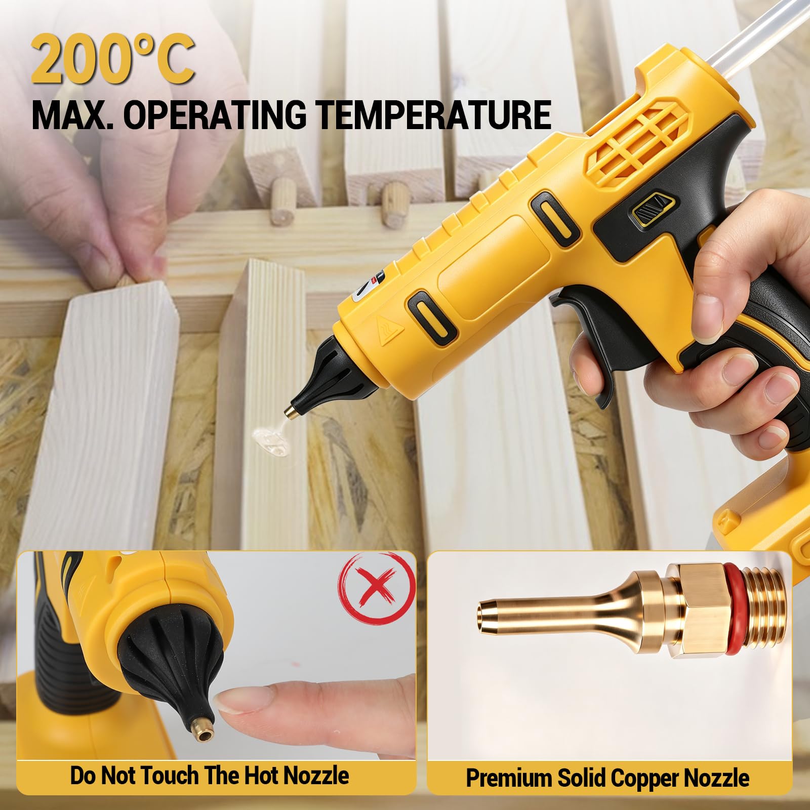 Pistola de pegamento caliente a batería compatible con Dewalt 18V/20V, pistola de pegamento caliente con 20 barras de pegamento de 11 mm, ideal para reparaciones, manualidades, bricolaje (amarillo