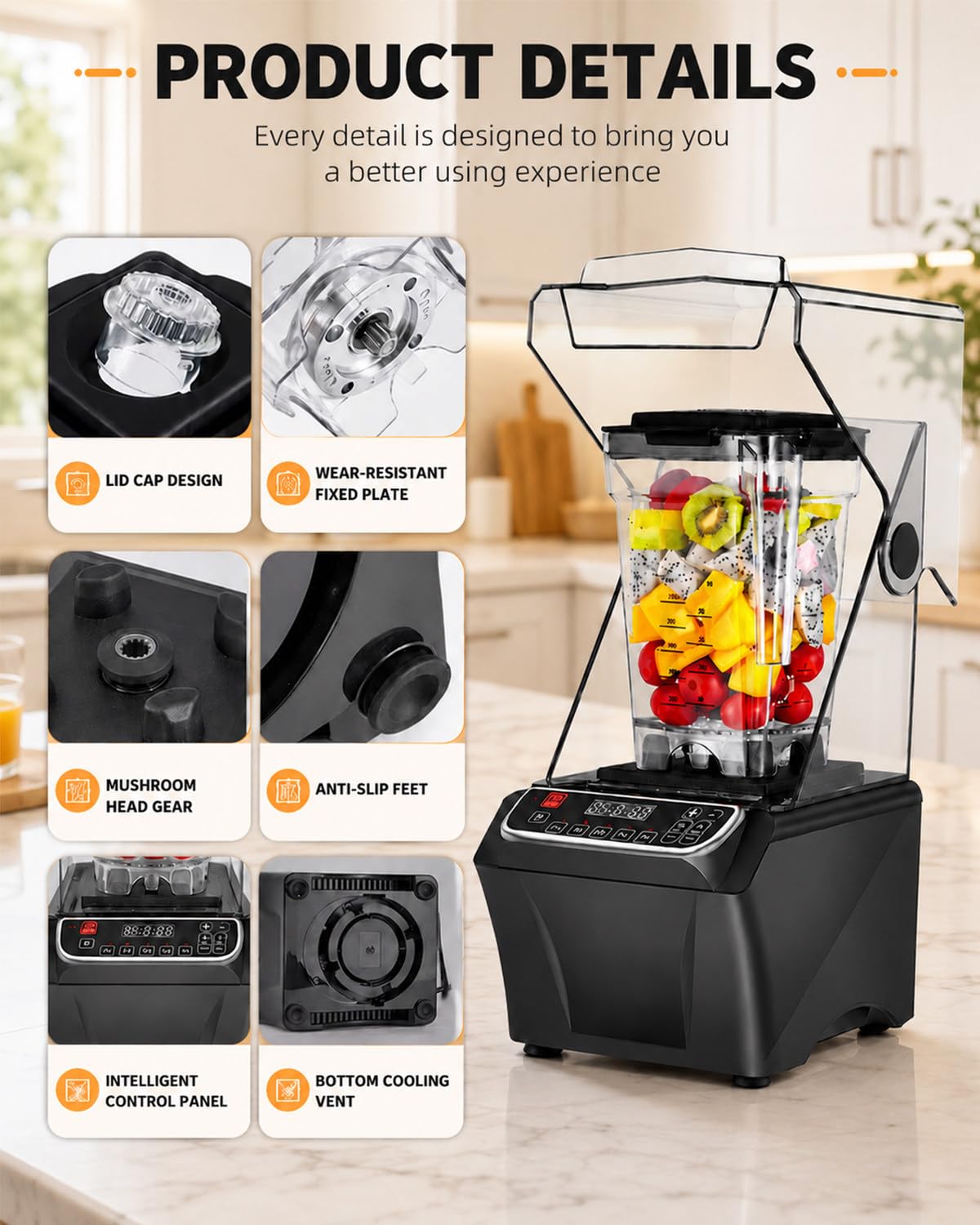 Frullatore Commerciale 2000W, 2L, 38.000 Giri/min, Lame Inox, LED