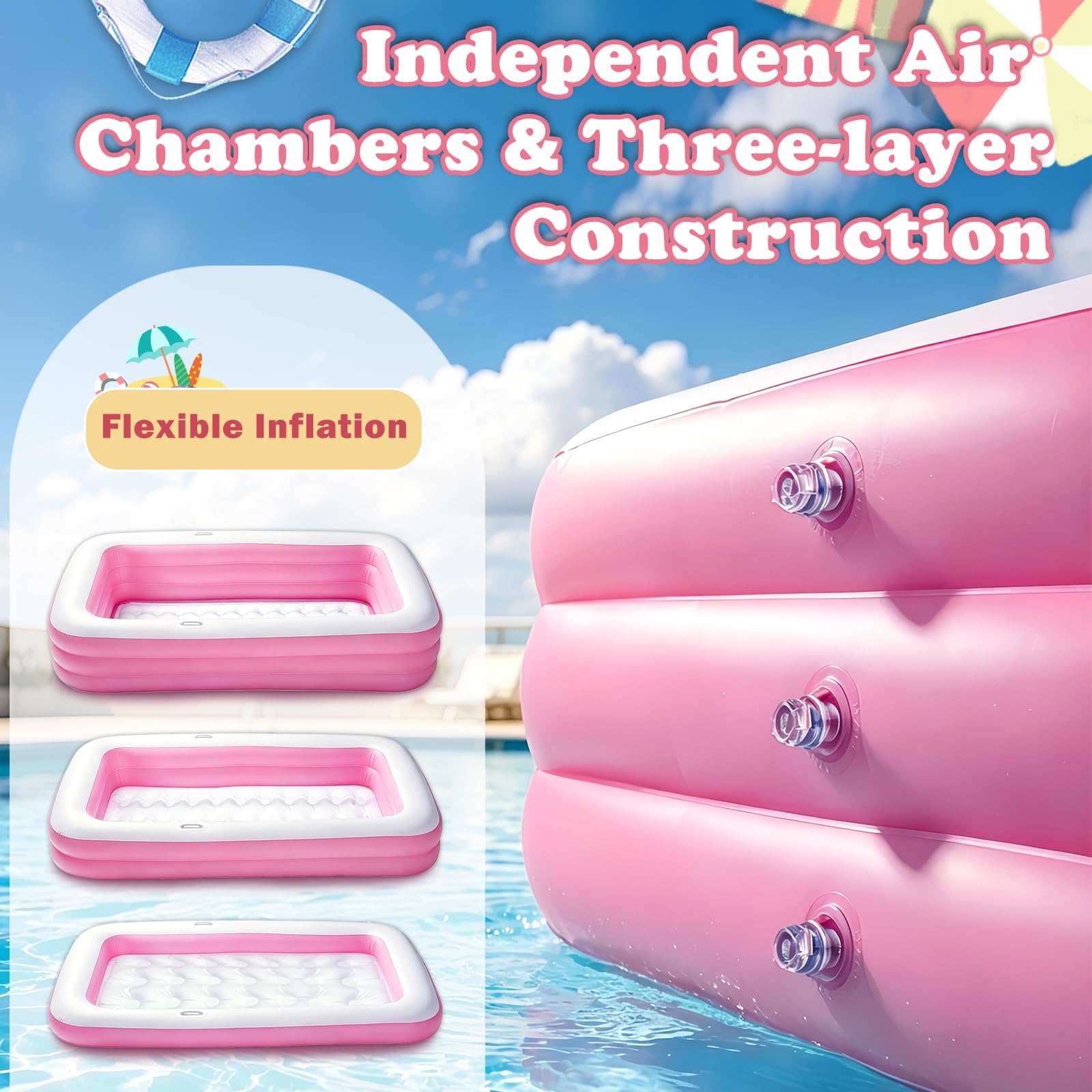 Piscina Hinchable Niños, Piscina Infantil Rectangular con 2 Pelotas de Playa y 2 Mini Pistolas de Agua, Piscine de Verano para Jardín, Exterior y Fiestas de Verano (Rosa)