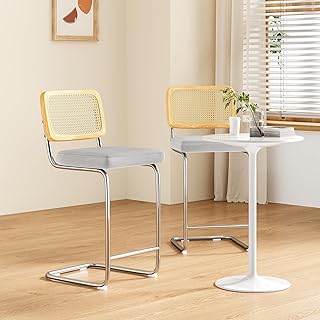 Counter Height Bar Stools Set of 2 - Upholstered Velvet Barstools with Rattan Back & Cantilever Design - 26 Inch Height Stools for Kitchen Island & Breakfast Area in Boutique Inns (Light Grey