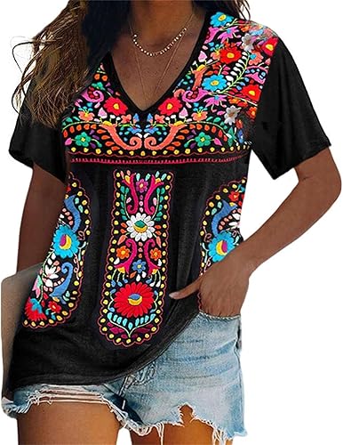 Melliflo Camisetas mexicanas de manga corta para mujer, bordadas florales, sueltas, estilo étnico, camisetas bohemias