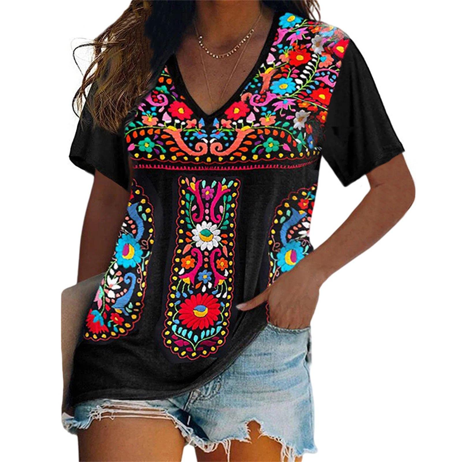 Melliflo Short Sleeve Mexican Tee Shirts for Women Floral Embroidered Loose Tops Ethnic Style Boho T-Shirts