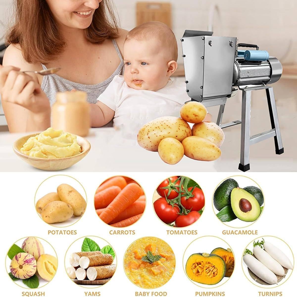 Machacador de Patatas EléCtrico de 1100 W, Prensa de Patatas Acero Inoxidable, Herramienta Cocina, Rendimiento de 100 a 200 Kg/H, para Preparar Puré de Patatas Suave, Verduras y Frutas