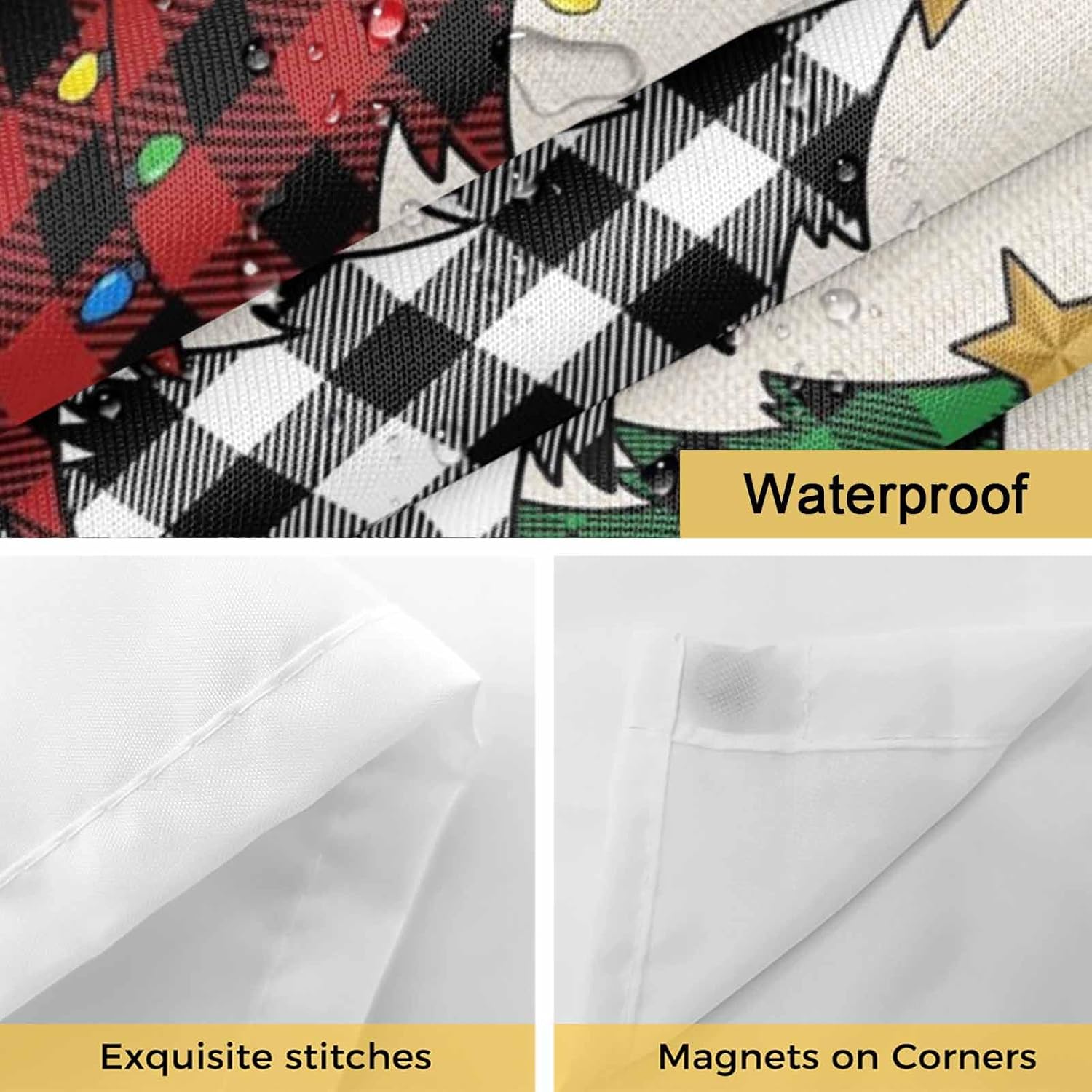 No Hook Shower Curtain and Liner Set, Christmas Tree Snap in Shower Curtain Set, Xmas Farmhouse Buffalo Plaid Retro Waterproof Fabric Bathroom Curtain with See Through Top Window 72"x78"