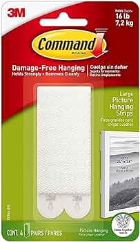 Command Large Picture Hanging Strips, Damage Free Hanging Picture Hangers, No Tools Wall Hanging Strips for Living Spaces, 4 White Adhesive Strip Pairs