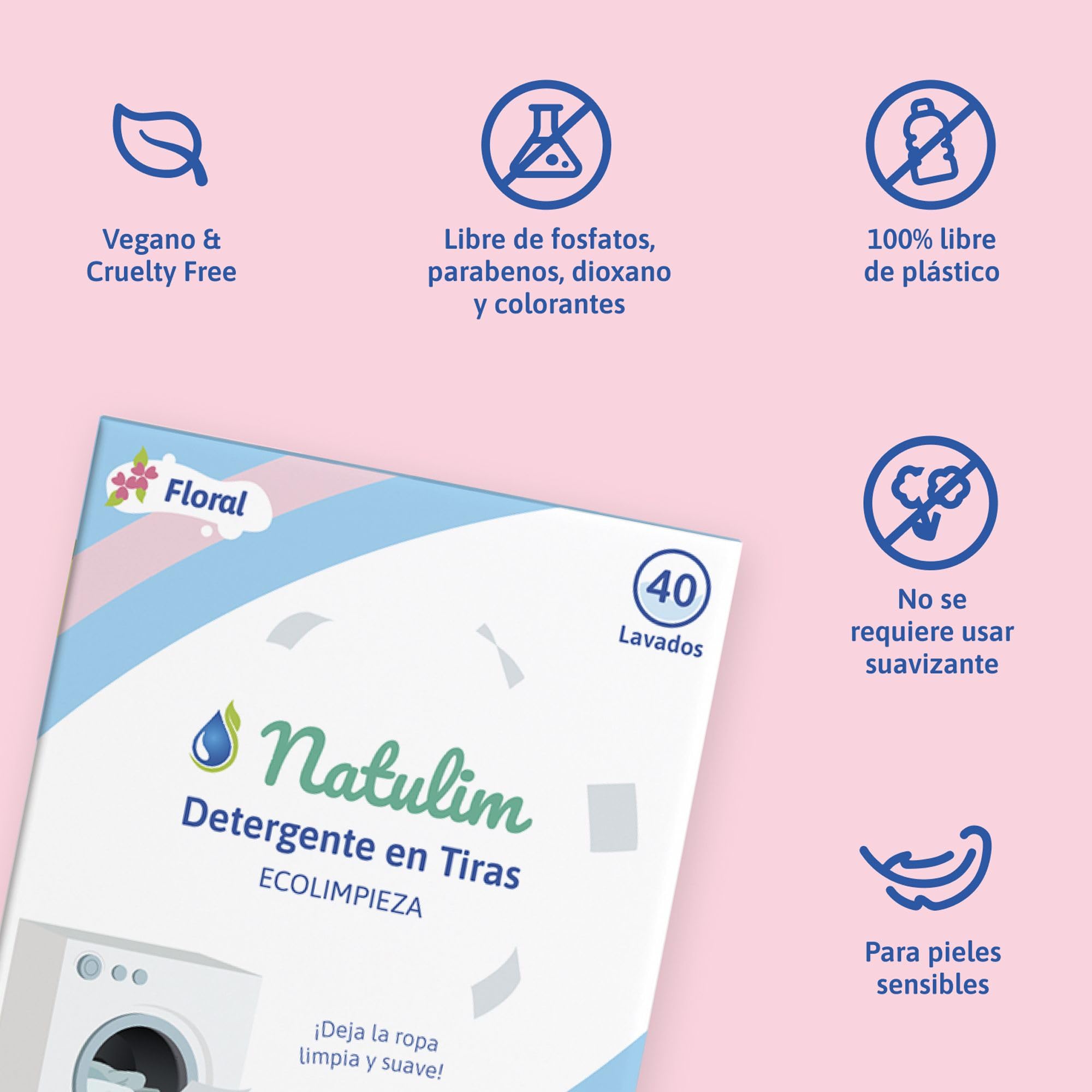 Natulim - Detergente en Tiras para Lavadora (40 Lavados) - Incluye efecto Suavizante, Ecológico, Hipoalergénico, Made in Spain - Ropa limpia y suave sin ensuciar el Planeta (Fragancia Floral)
