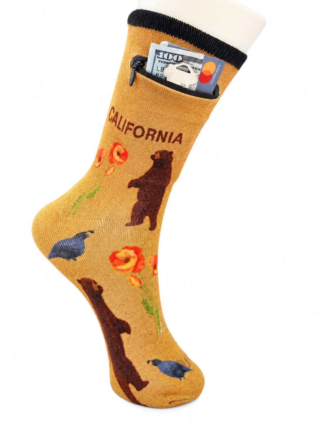 Zipper Sock Wallet - Cotton &amp; Polyester Zipper Socks with Pockets - Fits shoe size 6-13