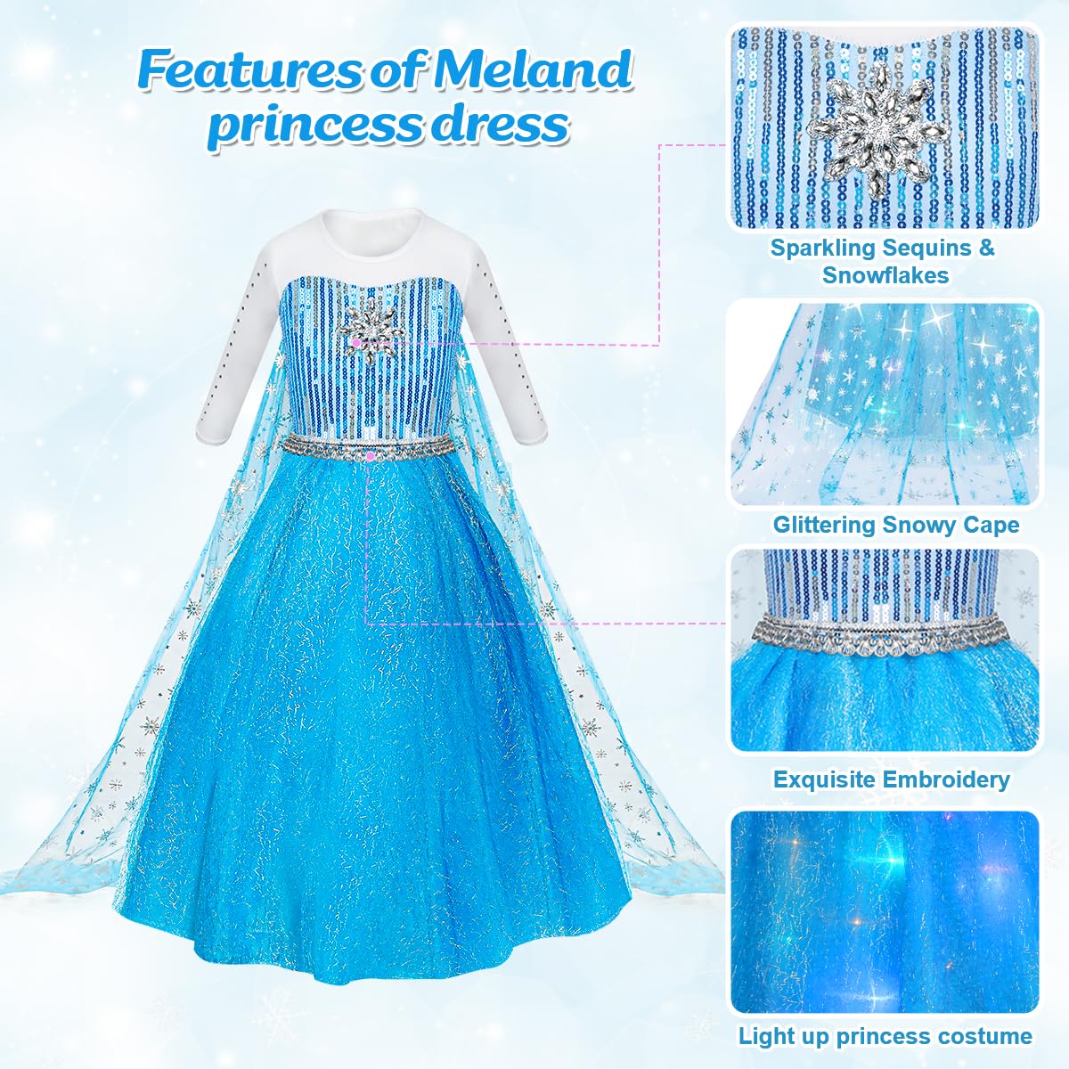 Meland Prinzessin Kleid Mädchen, Prinzessin Kostüm Mädchen 8 Stück Set Inklusive Juwelen, Handschuhe, Zauberstab, Dress Up für 3-10 Jahre