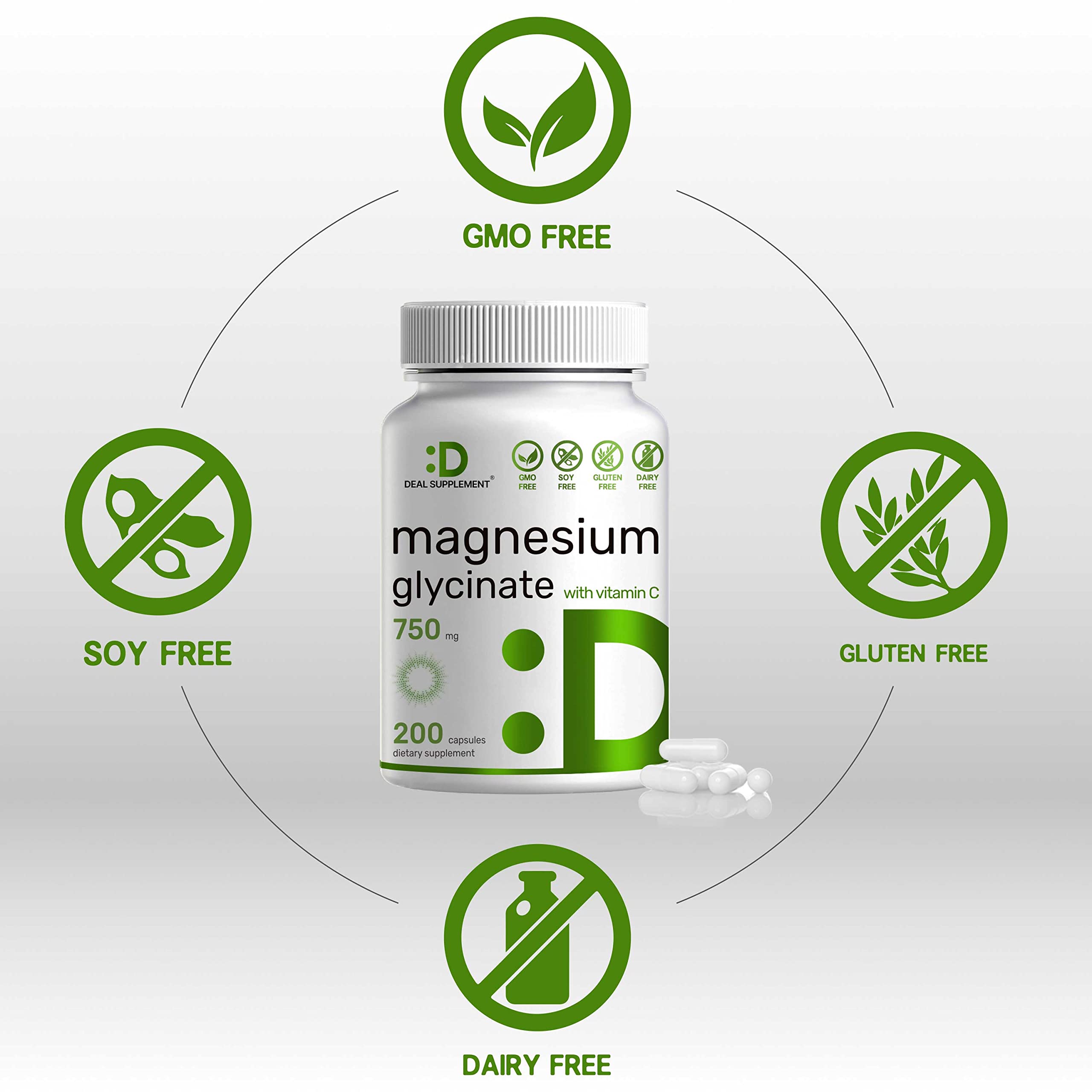 Magnesium Glycinate 750mg Plus Vitamin C, 21 Formula, 200 Capsules