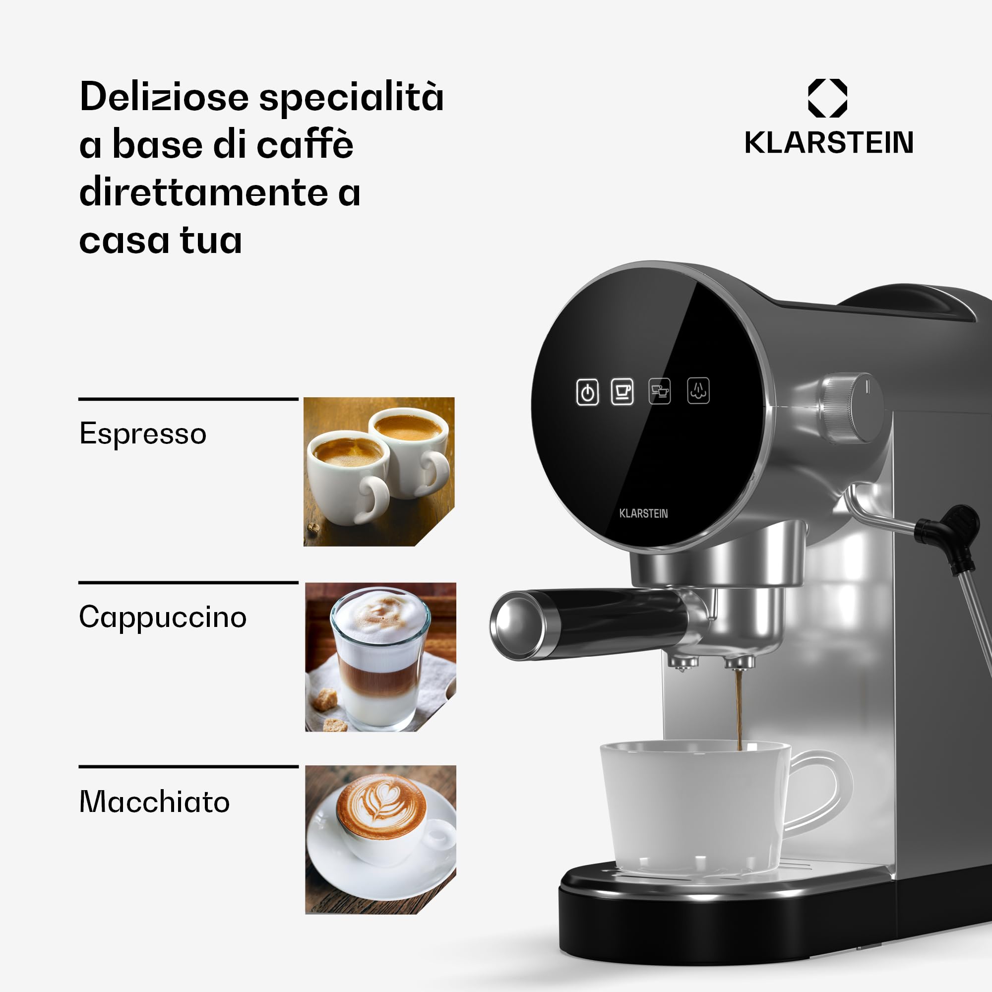 KLARSTEIN Macchinetta Caffe Espresso 0.9L, Macchina da Caffè, Caffè Espresso e Cappuccino, Macchina Caffè Barista 20 Bar In Acciao Inossidabile per Caffè Latte e Macchiato, 1360W con Montalatte