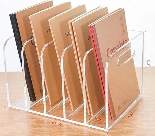 Miniatura 3 de Organizador de documentos de escritorio de acrílico transparente con 5 compartimentos verticales para revistas, carpetas, cuadernos y sobres,
