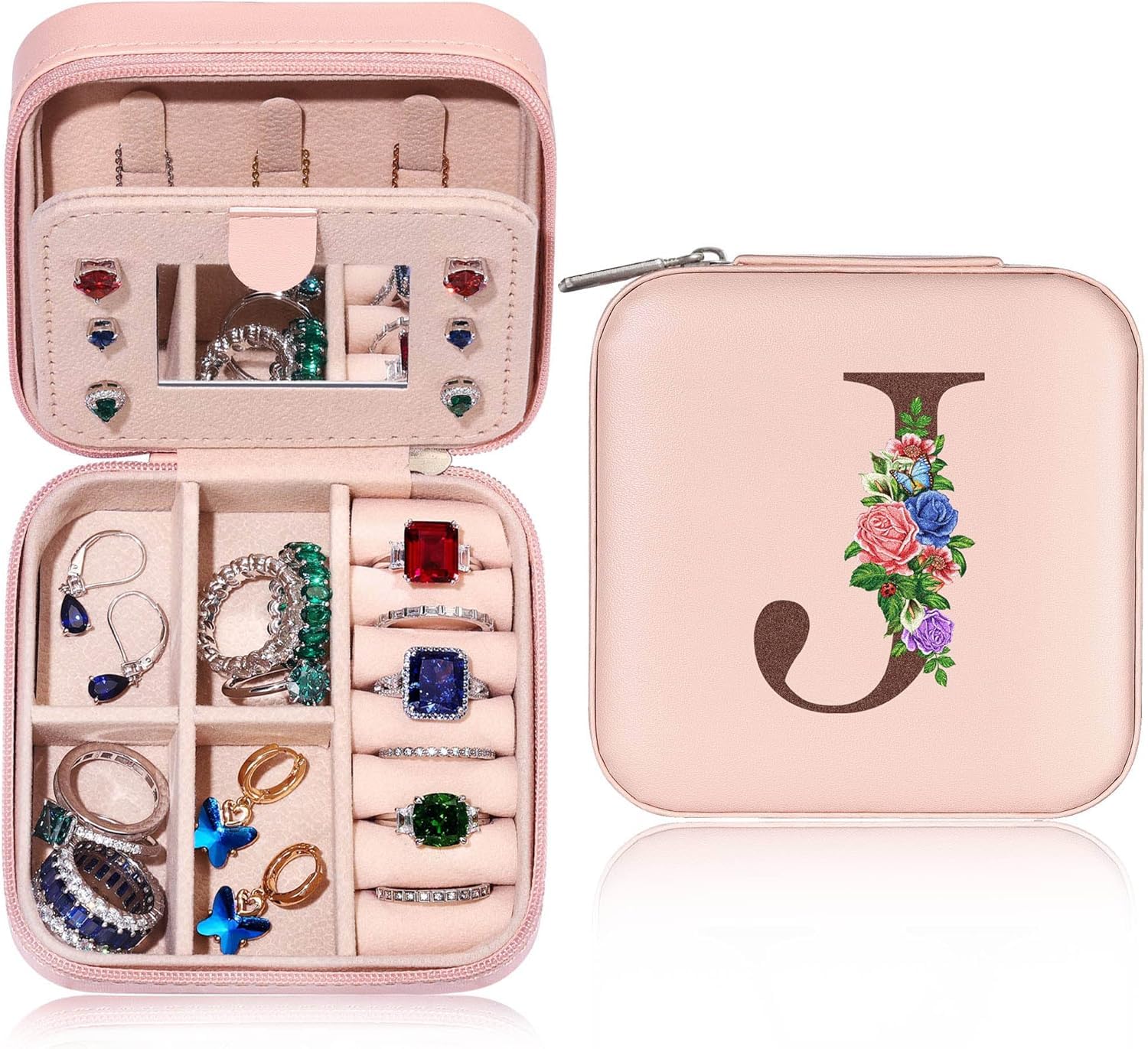 GDTOMEEUGDTOMEEU Birthday Personalized Gifts for Women Friend Sister, Small Travel Jewelry Case Jewelry Box Jewelry Organizer, Ring Necklace Earring Jewelry Holder Organizer Box with Mirror Letter (J)