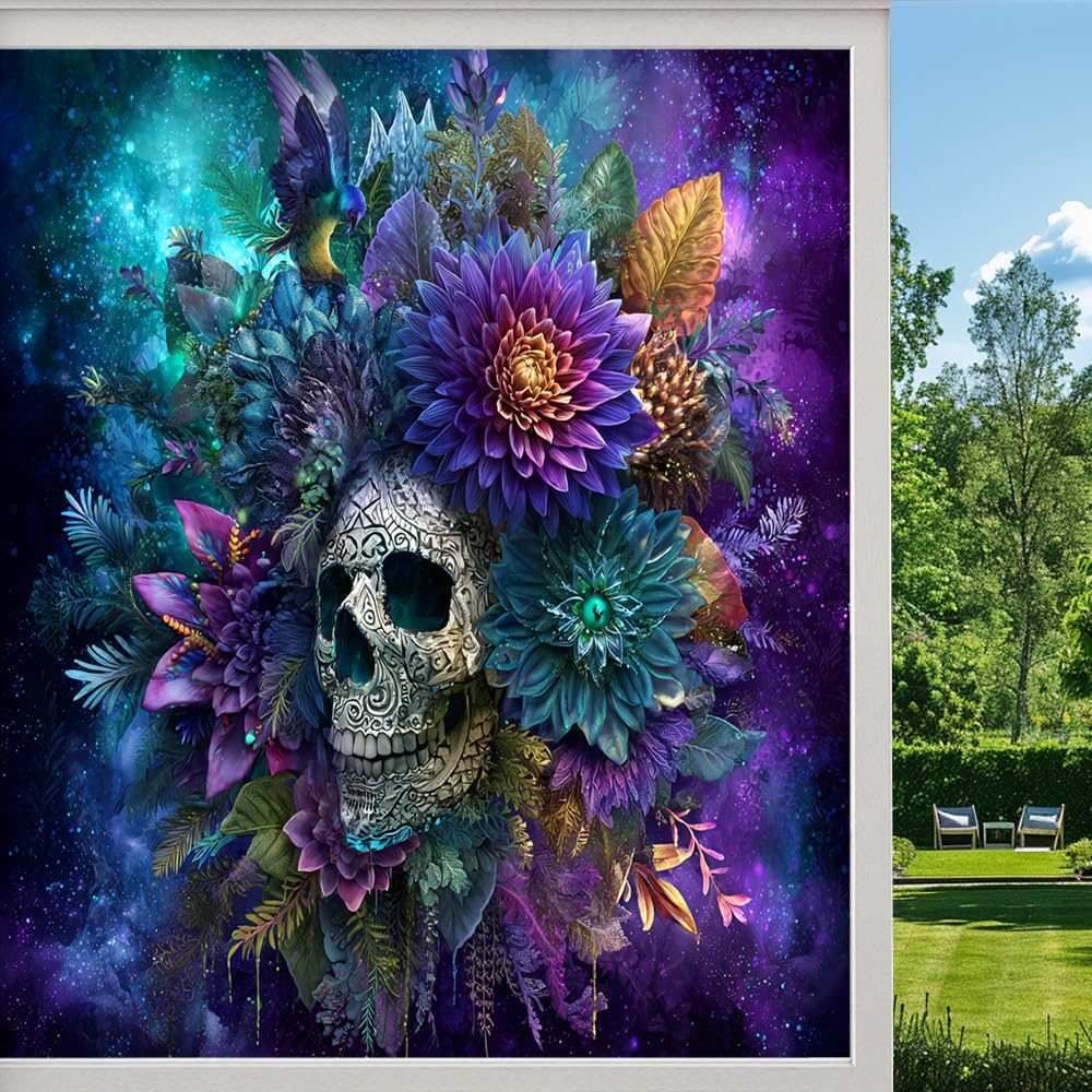 Dark Skeleton Stained Glass Window Film, Colorful Flower Skull Bones Peel and Stick Privacy Film, Frosted Adhesive Vinyl Decorative for Bathroom Windows Glass Doors, （45x100cm）