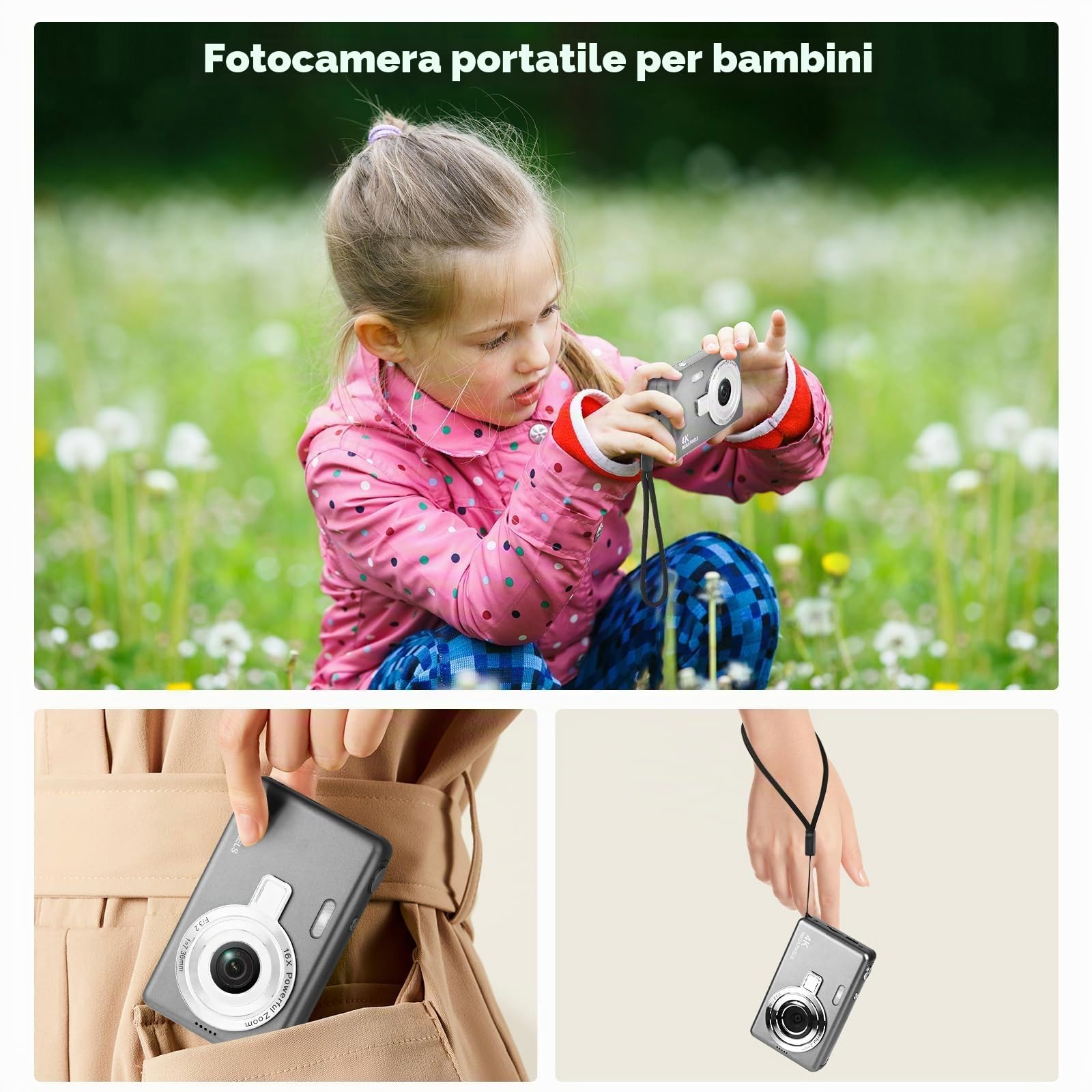 Macchina Fotografica Digitale con Scheda 64GB, 1080P 40MP Fotocamera Digitale Compatta con Zoom Digitale 8X Flash, Fotocamere Digitali Per Bambini Adolescenti Adulto Principianti (Grigio scuro)