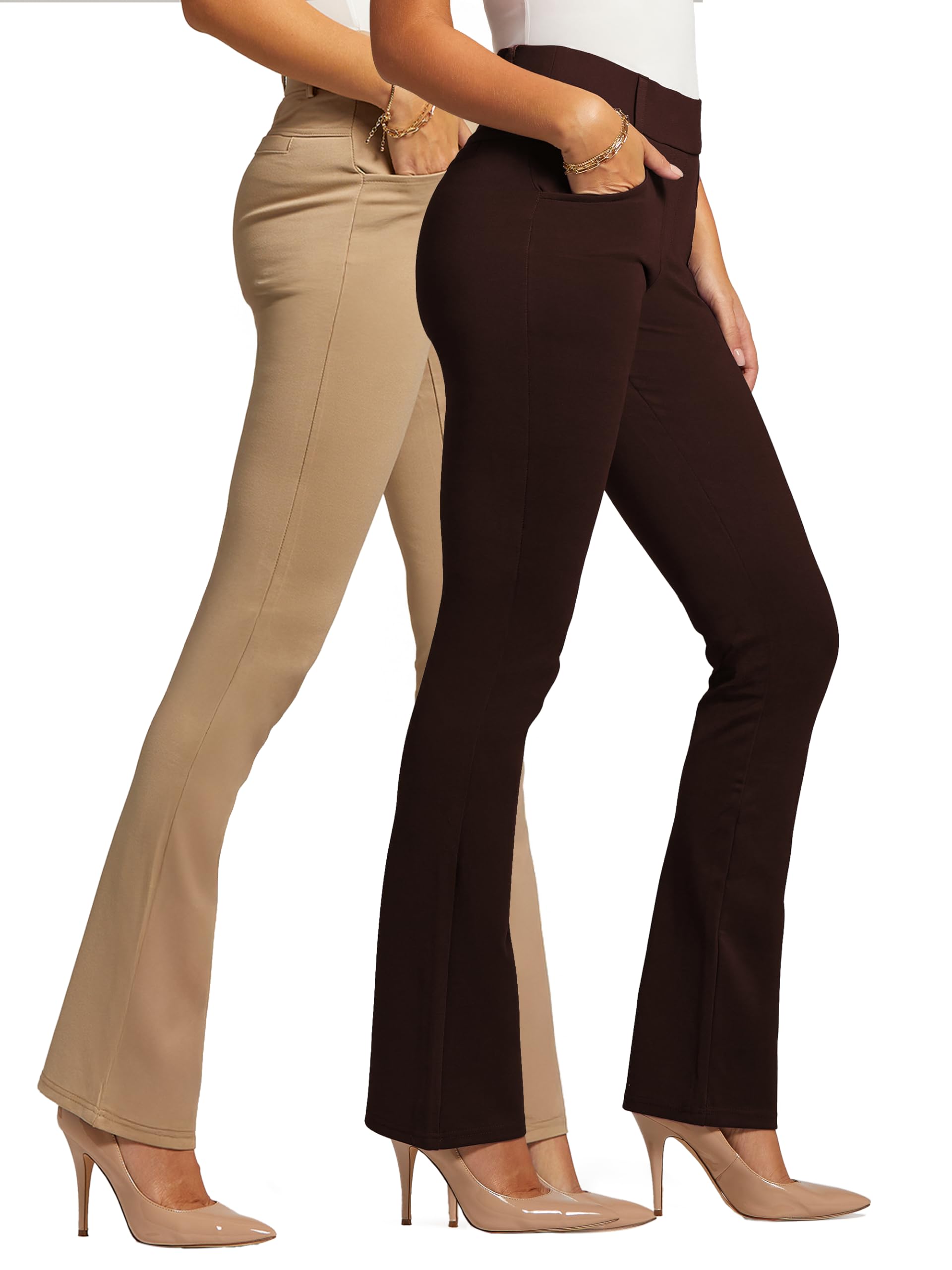Conceited 2-Pack Stretch Slacks for Women - Wear to Work - Bootcut Dress Pants with Pockets - Khaki