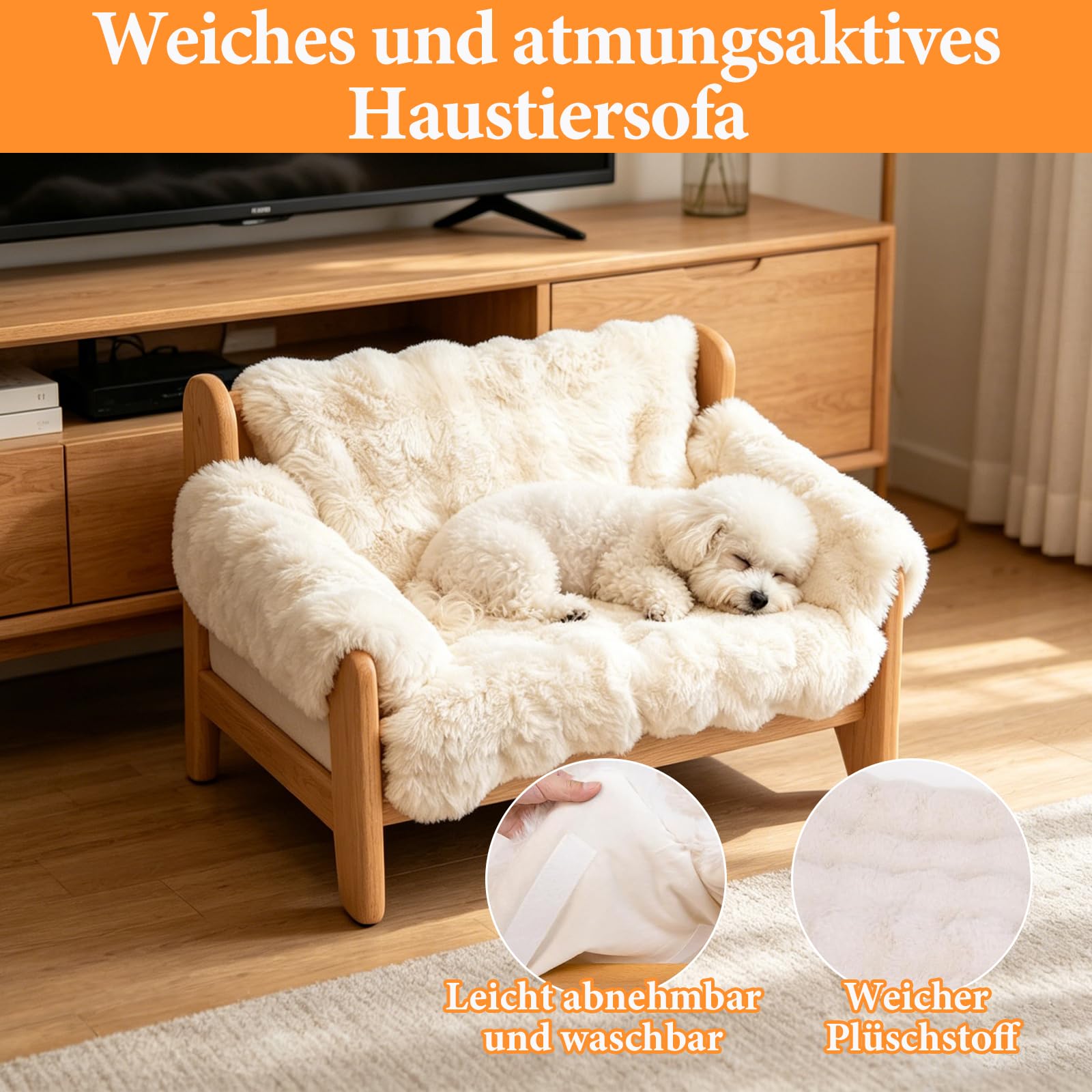 AtomviaErhöhtes Katzenbett aus Holz 69 x 47 x 30 cm, Katzensofa mit Abnehmbarem Waschbarem Plüschbezug, Katzenliege Indoor, Robustes Katzenmöbel für Kleine und Große Katzen, Cremeweiß