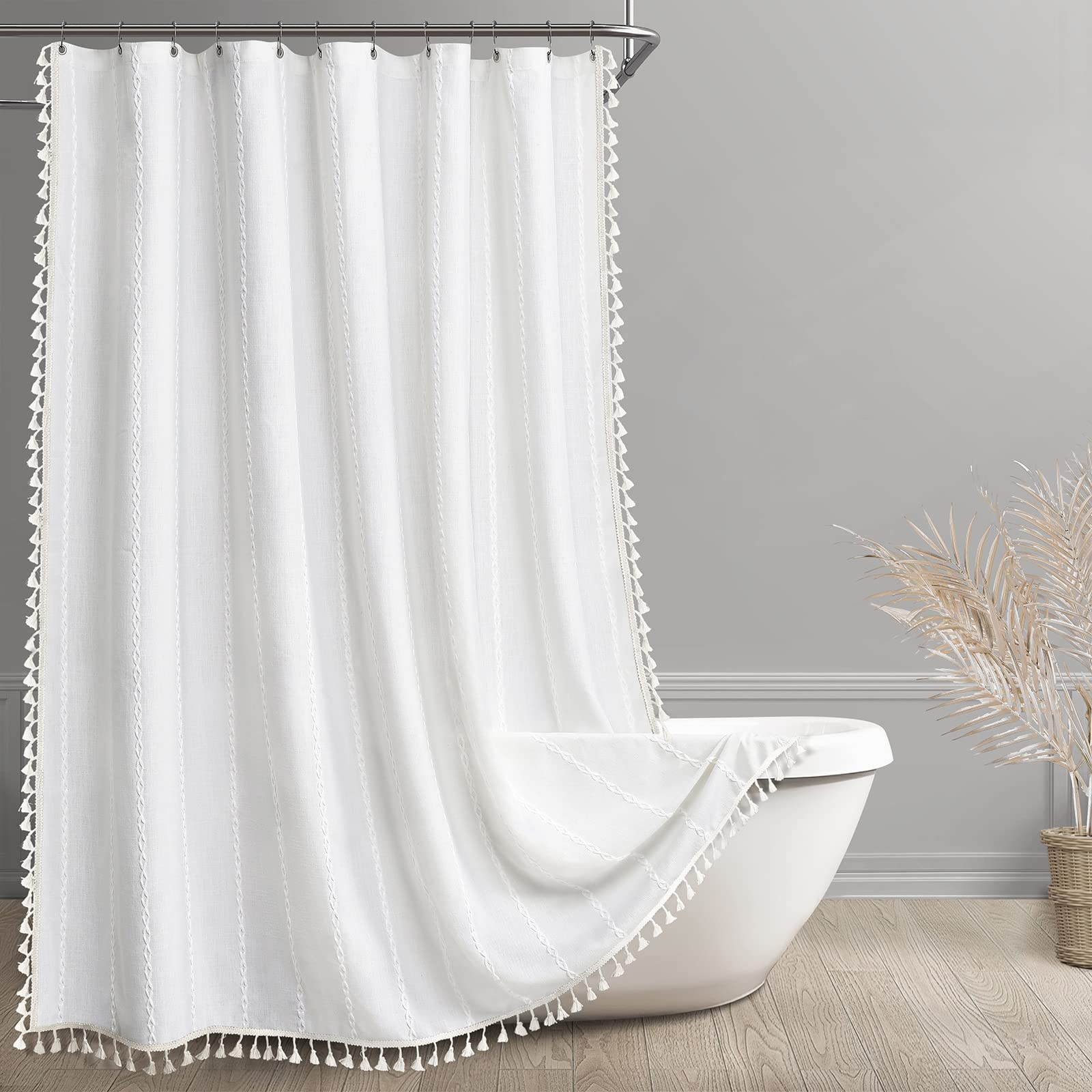 Awellife Juego de cortinas de ducha bohemias de lino y algodón resistente de alta calidad, moderna, estilo rústico shabby chic, decoración de baño, impermeable y lavable, 72 x 78 pulgadas