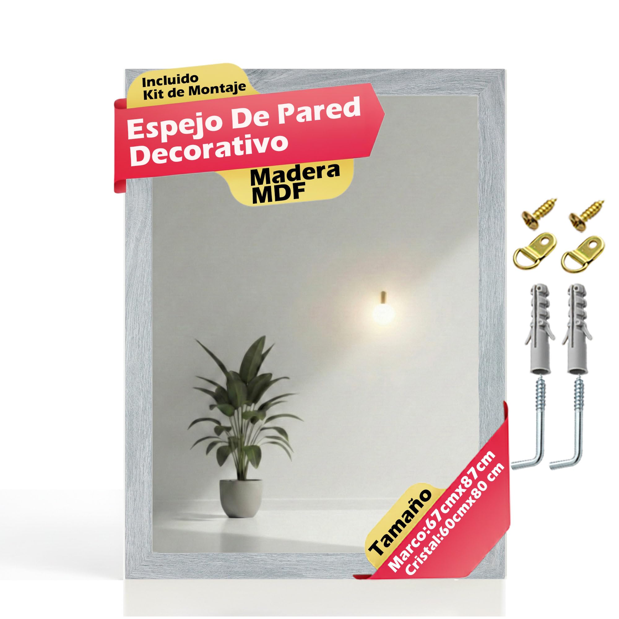CHELY INTERMARKET MOD128 Espejo Pared Vertical Decorativo Grande Estilo Moderno Marco Madera Cuerpo Entero Elegante 60x80 cm Gris 2004 Ideal Recibidor Dormitorio Baño Incluye Kit Montaje