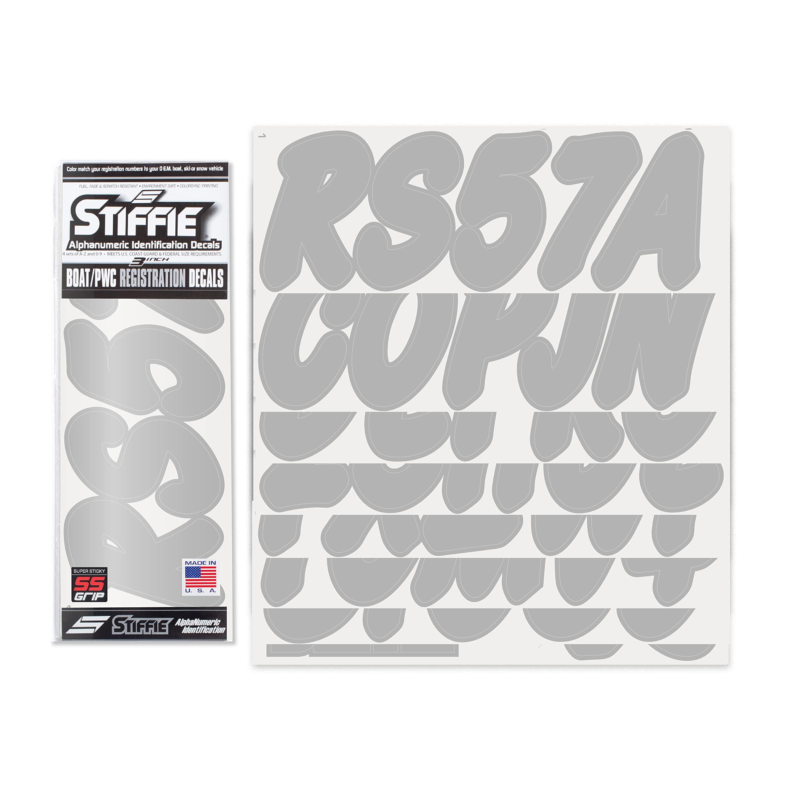 STIFFIE WhipOne Silver Super Sticky 3" Alpha Numeric Registration Identification Numbers Stickers Decals for Sea-Doo Spark, Inflatable Boats, Ribs, Hypalon/PVC, PWC and Boats.