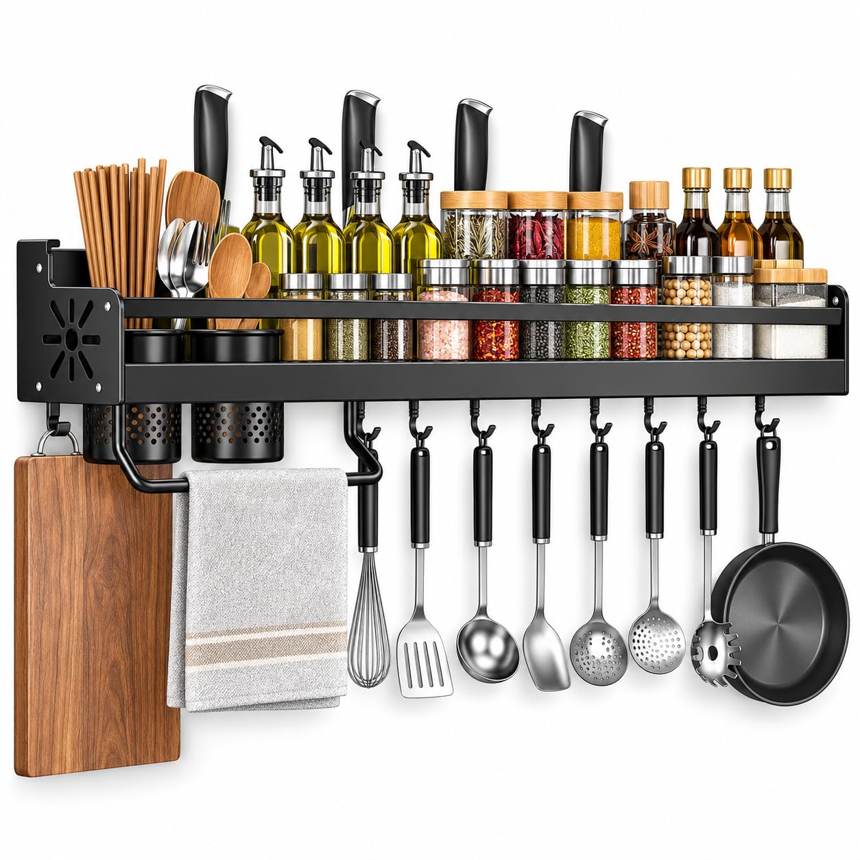 SANON Spice Rack Wall Mount,Cutlery Holder Organiser, Kitchen Over Stove Seasoning Organizer with 2 Utensil Holders and 8 Hooks Spice Rack Utensil Hangers for Knife, Towel Storage No Drilling Black