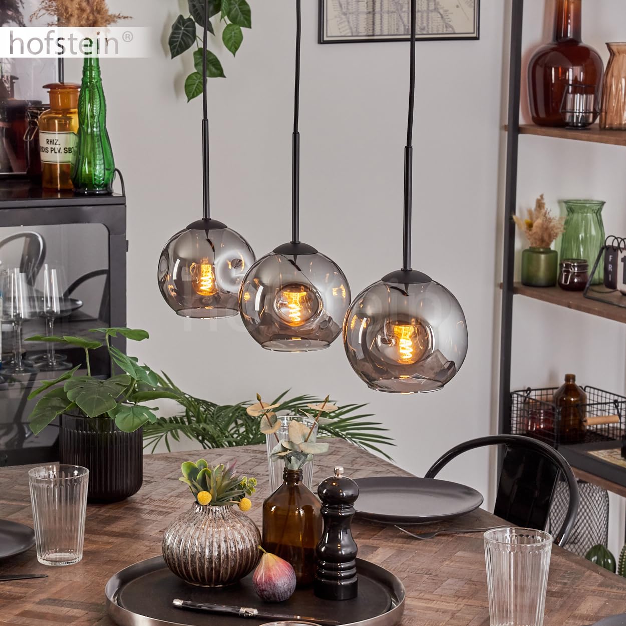 Pendelleuchte Ripoll, Pendellampe aus Metall/Glas in Schwarz/Rauchfarben, Leuchte im modernen Retro/Vintage-Design mit Schirmen aus Glas (Ø 15 cm), Höhe max. 132 cm, 3 x E27, ohne Leuchtmittel