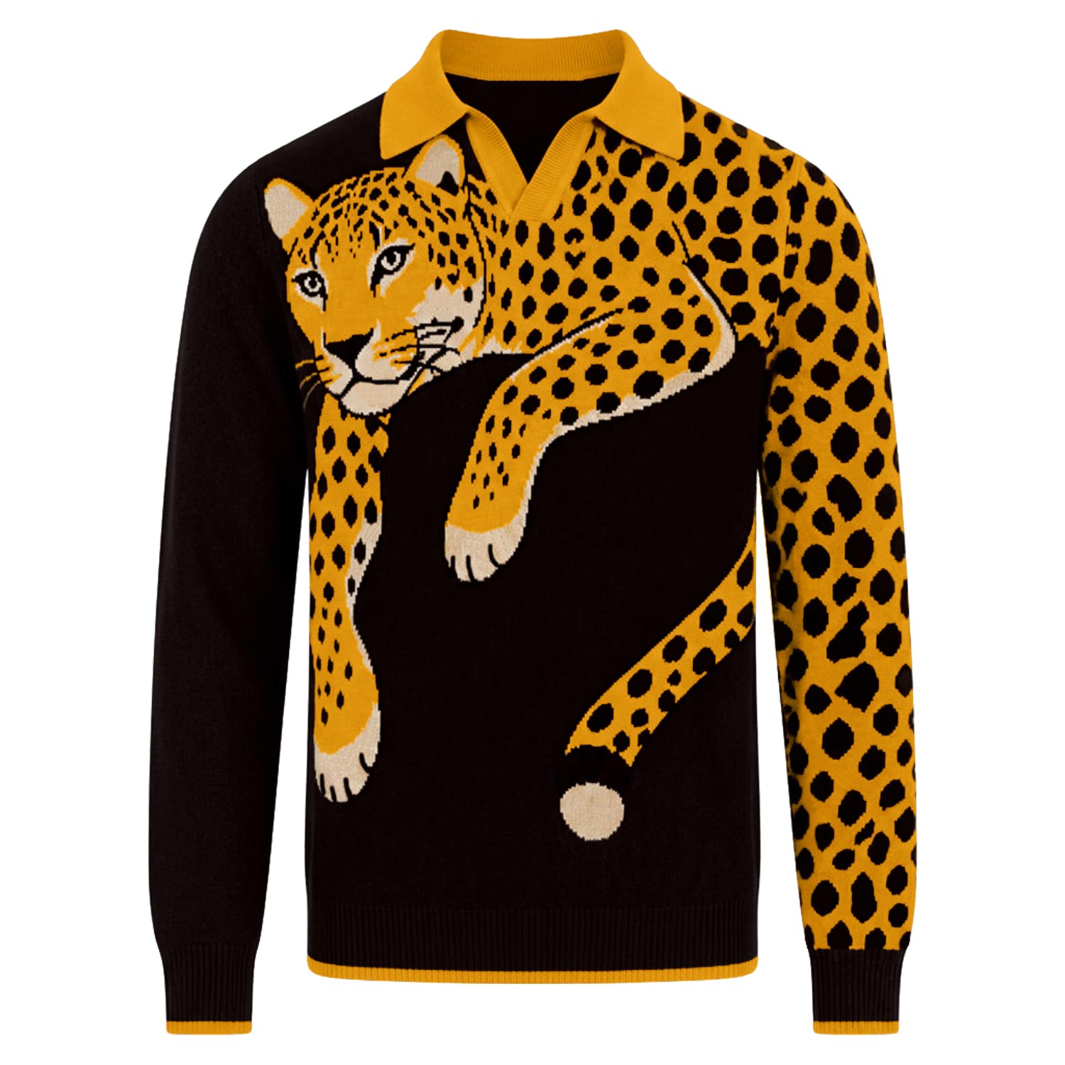 OXKNIT - Polo da uomo a maniche lunghe, in tessuto jacquard leopardato retrò, scollo a V, colore: nero