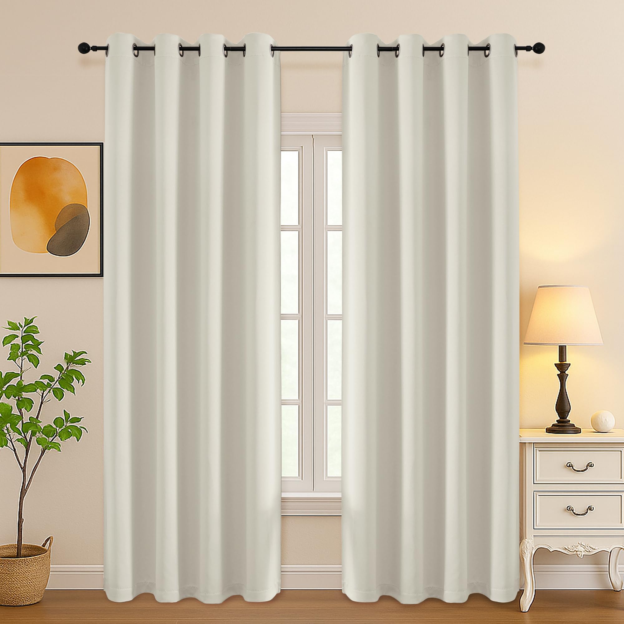 Simplebrand Natural Curtains for Bedroom Living Room 90 Inches Long 2 Panels Set, Room Darkening Thermal Insulated Curtains &amp; Drapes, Solid Grommet Noise Reducing Window Treatment, W50 x L90 Inch