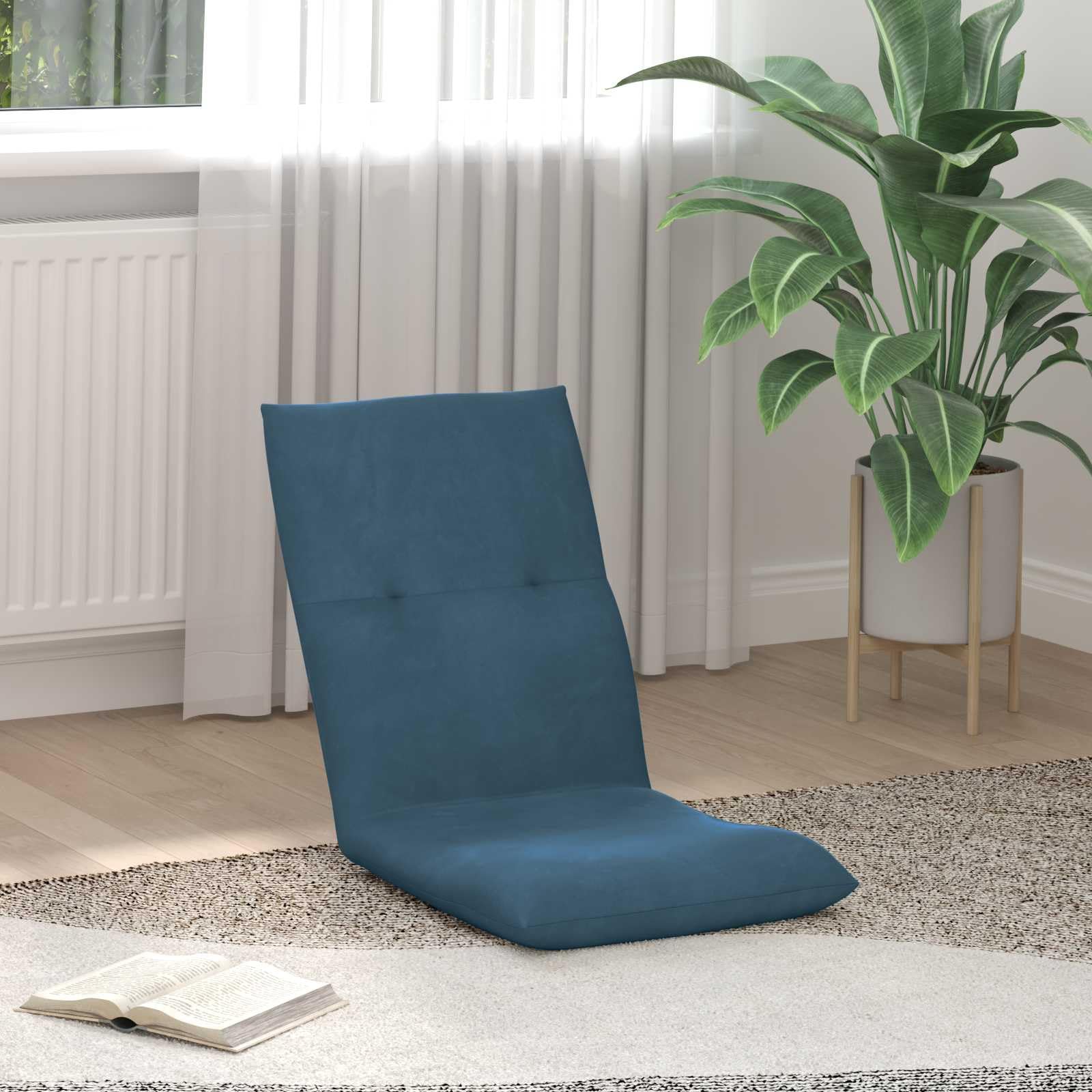 Krzesło podłogowe, niebieskie, aksamitne, 46 x 50 x 61 cm, składane i regulowane, z wyściełanym oparciem, ergonomiczne i nie zajmuje dużo miejsca do czytania, jogi, gier i biura