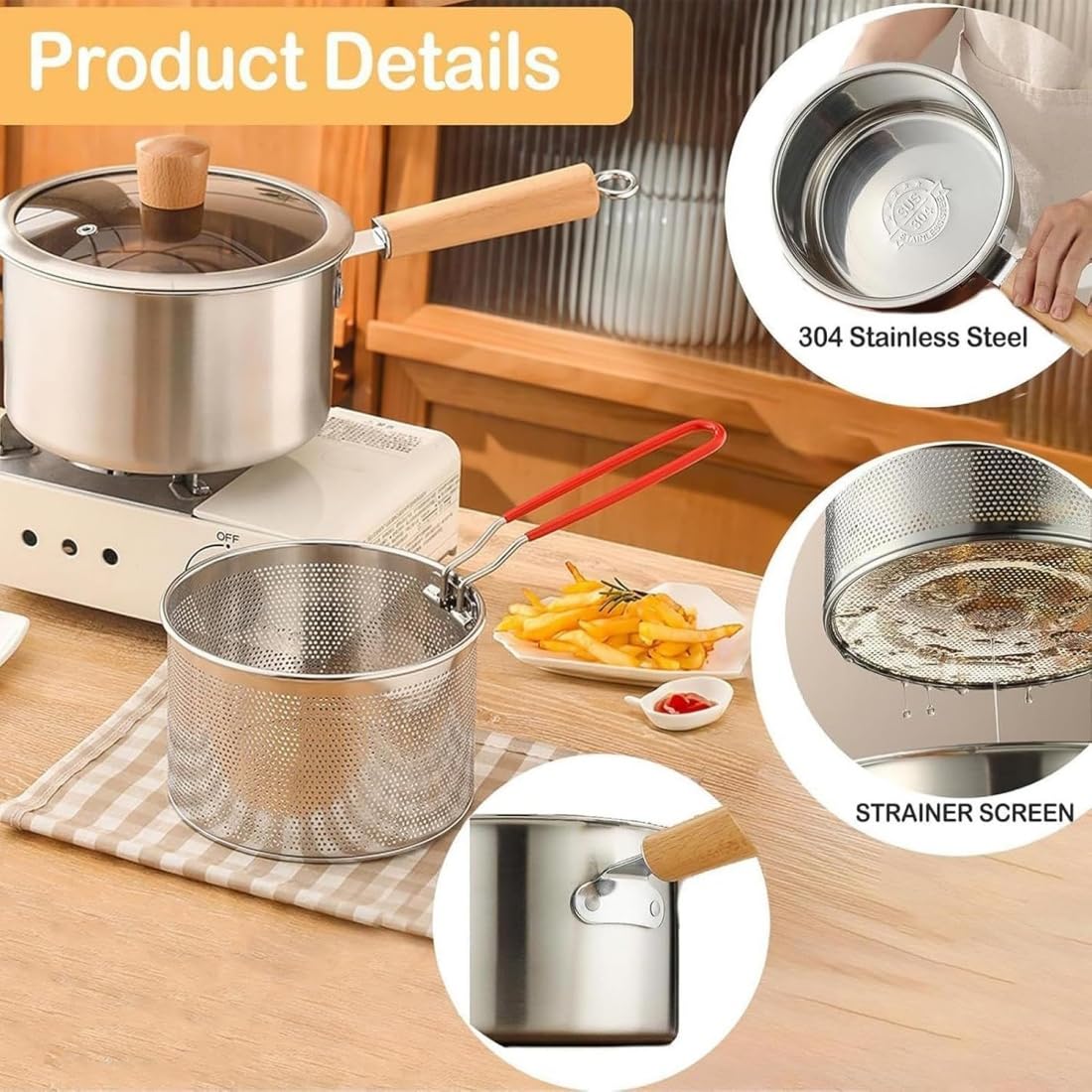 Pentola Frittura Multifunzionale Acciaio Inox 304 con Cestello, Coperchio, Pinza, Friggitrice Profonda Cucina, Padella Patatine Pesce Pollo Gamberi, Contenitore Olio Riutilizzabile (1pcs-a)