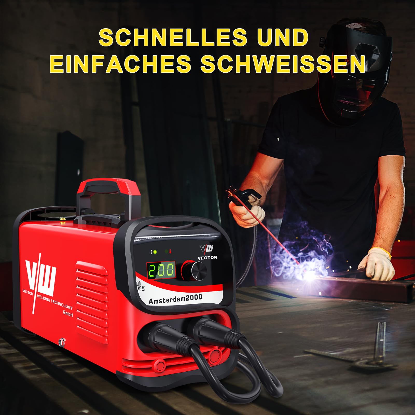 VECTOR Kit de soudage à électrodes - ARC 200 A - Avec casques, poste à souder inverter - Mini poste à souder - MMA - Inverter E-Hand avec 200 A - Technologie IGBT