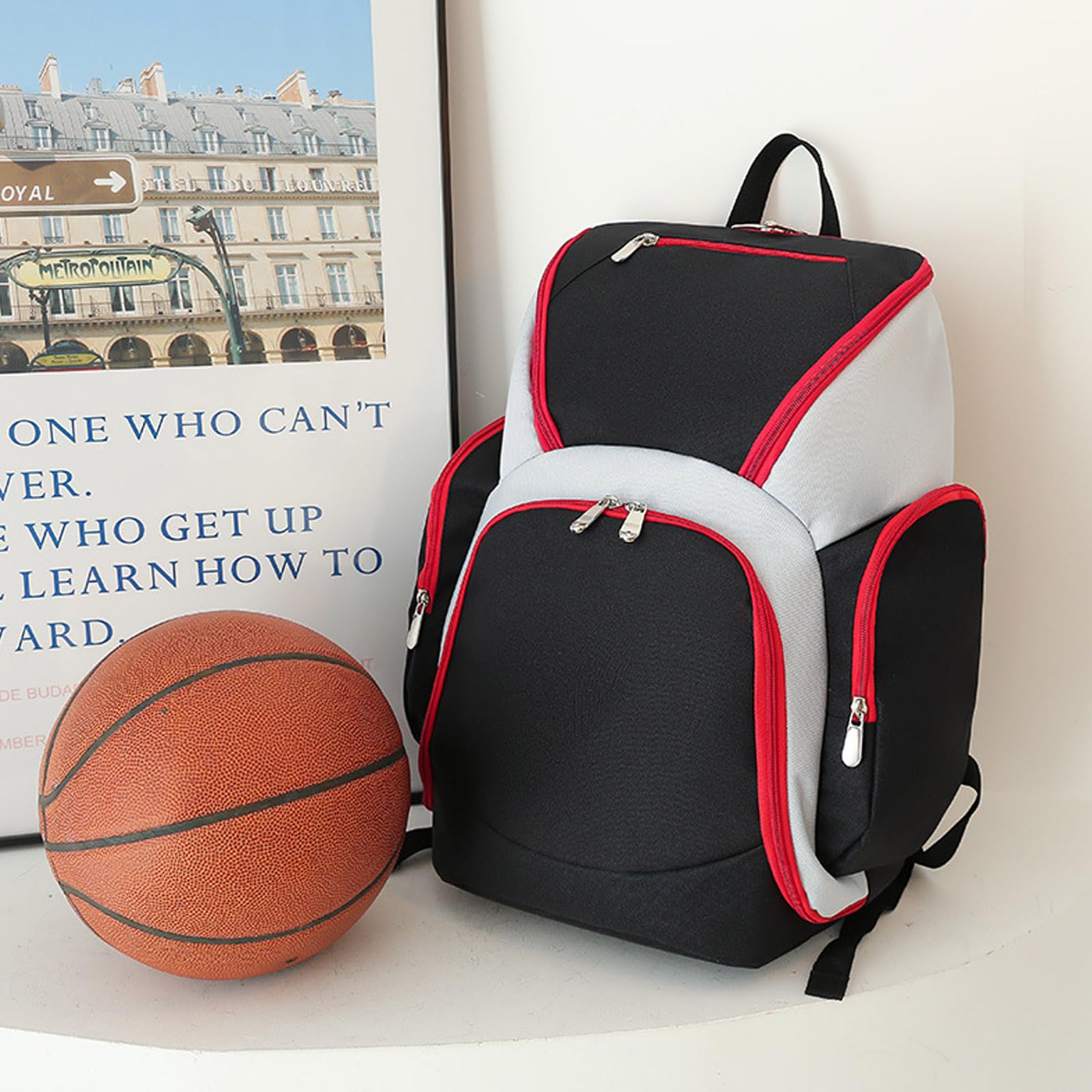 FANDARE Sac à Dos de Basket-Ball Grand Sac de Foot Sacs à Dos Cartables Sacs portés Dos Sac d'épaule pour Le Football, Volley-Ball,Voyager,Étudiant Daypacks Noir Rouge