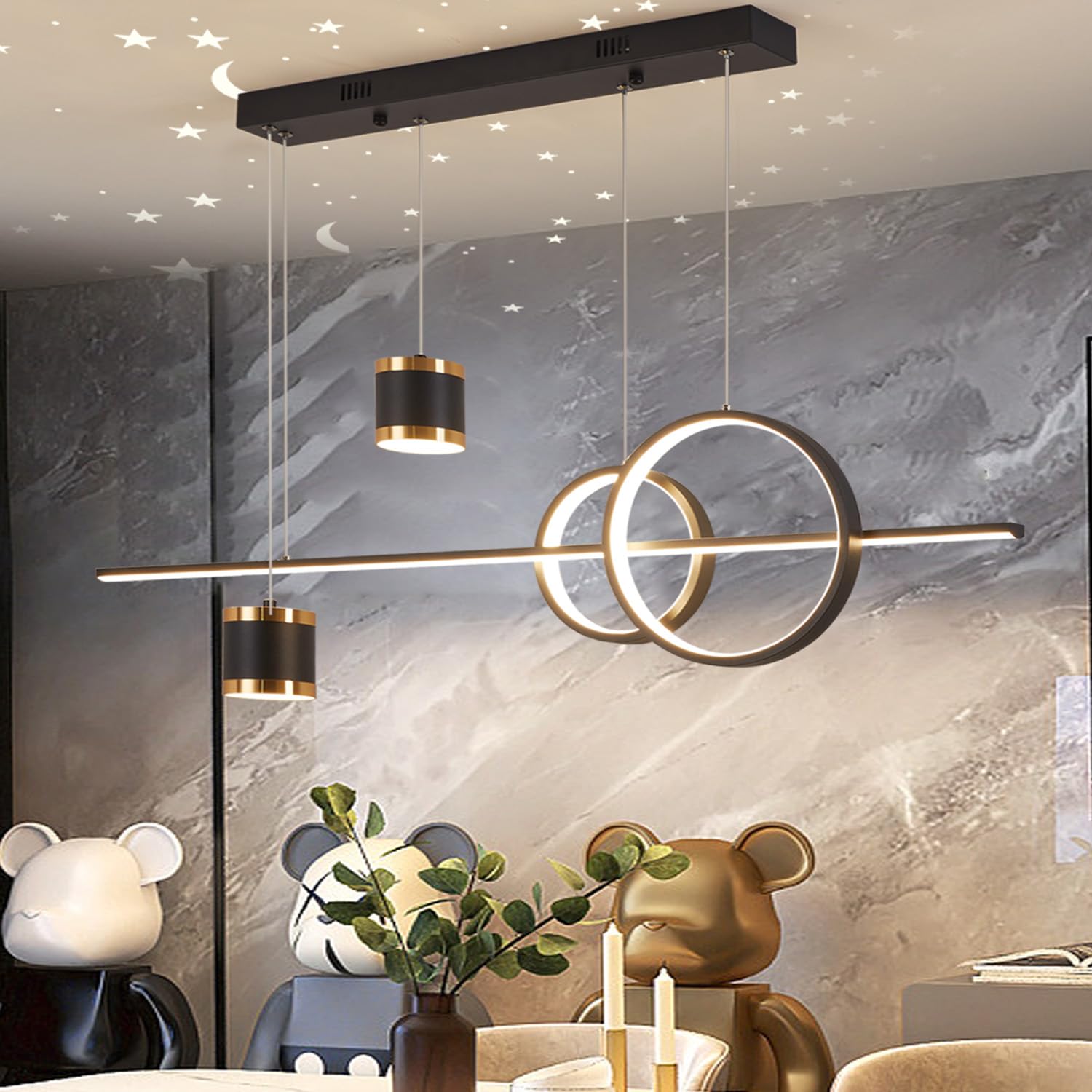 LED Pendelleuchte Esstisch, 49W Dimmbar Hängelampe mit Fernbedienung, Sternenhimmel Unabhängig Steuerbare Hängeleuchte, 120cm Höhenverstellbar Pendellampe, Für Esszimmer, Küche, Schwarz, 100cm