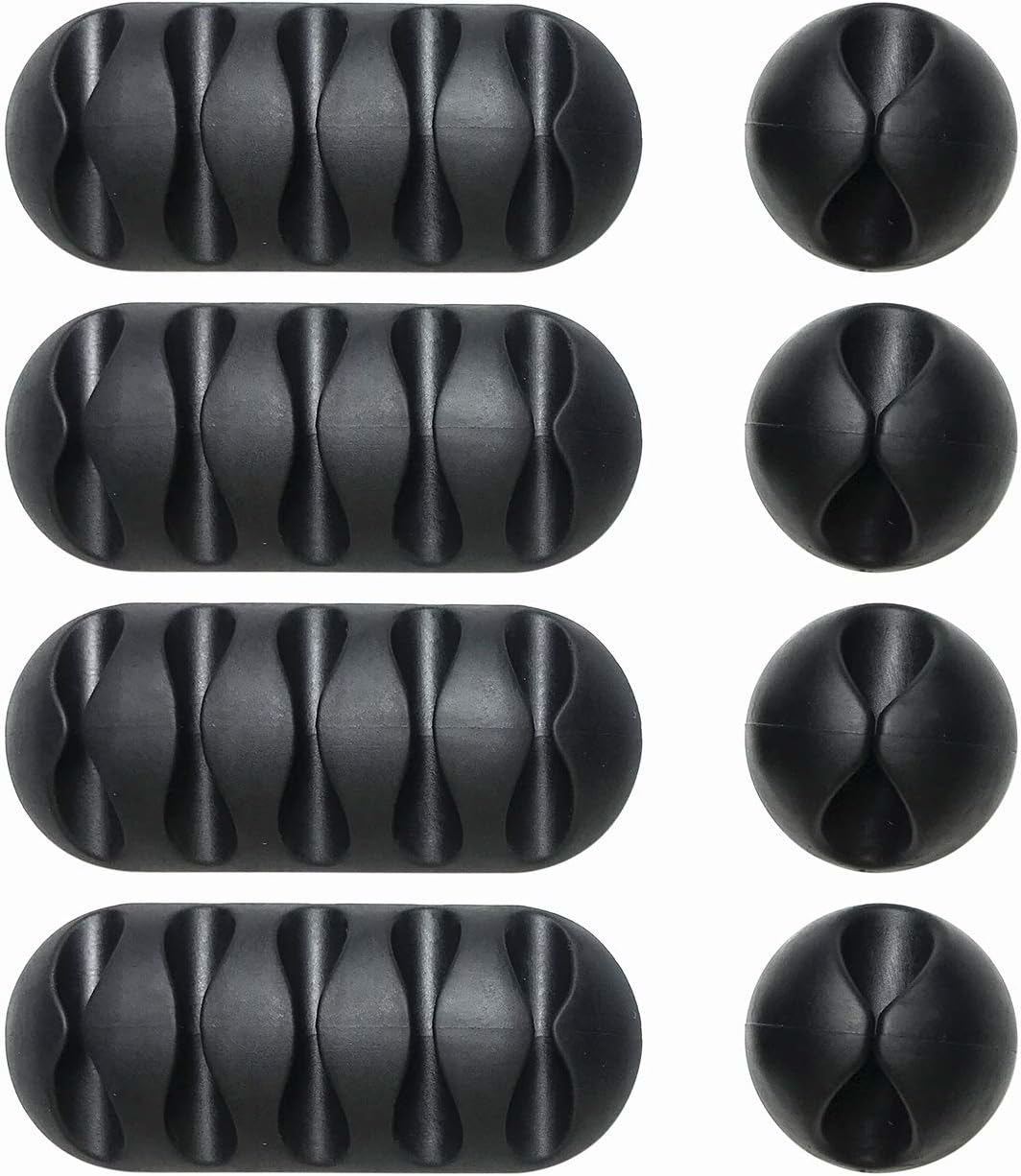 Self-Adhesive Desk Cable Organizer, Computer Cable Clips, Wire Holder, Desktop USB Cord Management System, 5-Channel x 4 + Single Channel x 4, Pack of 8, Black