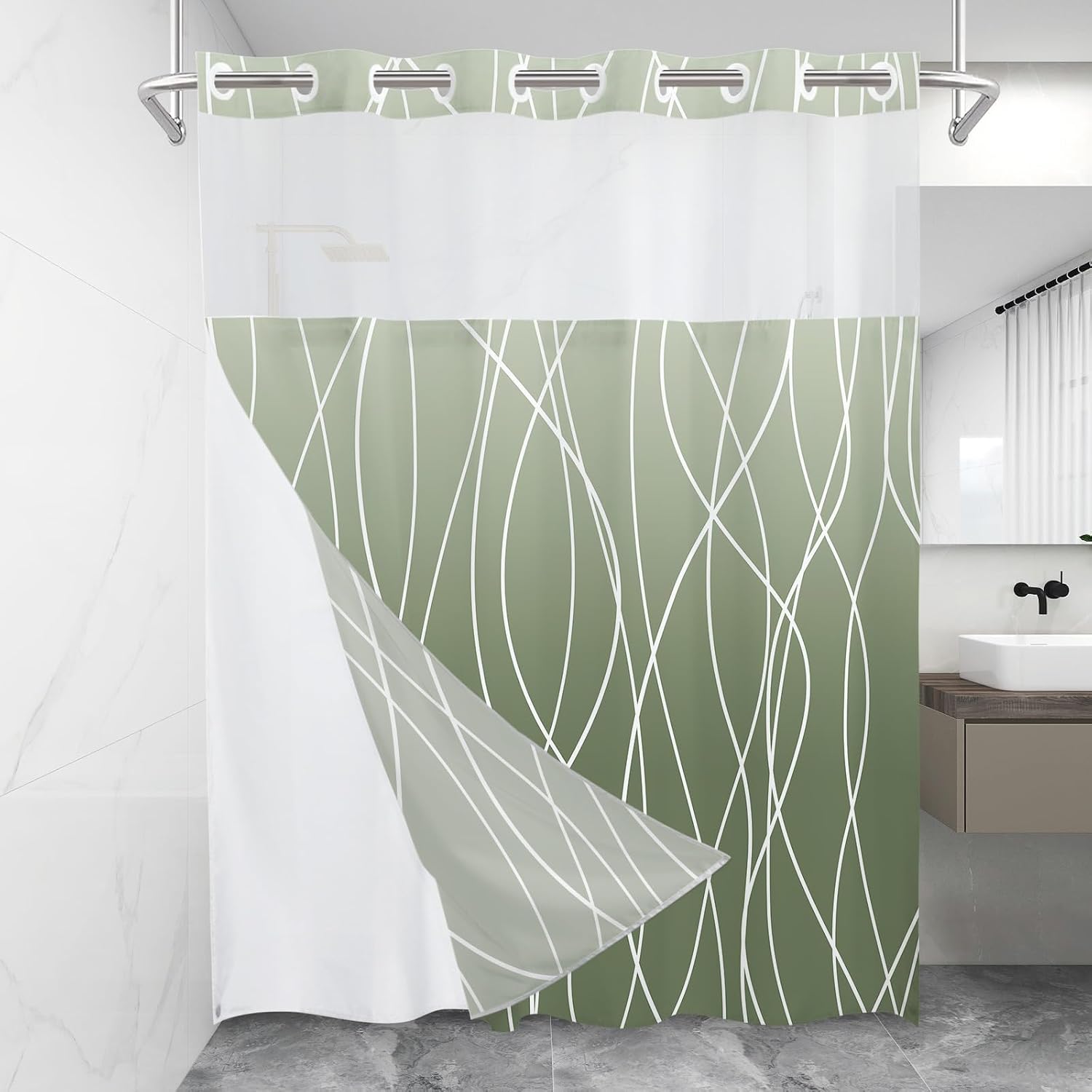Amazon.com: LXBNI No Hook Ombre Sage Green Striped Shower Curtain with