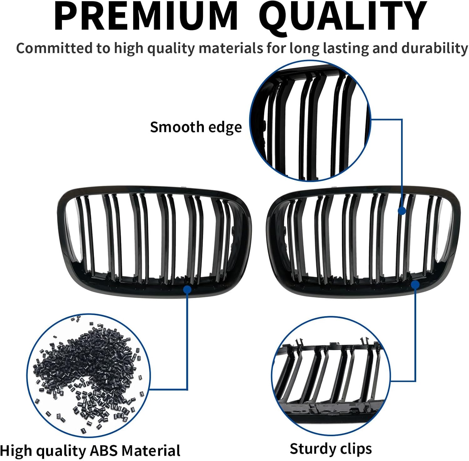 Front Grille Double Slats Front Grill for 2007-2014 BMW X5 E70 X6 E71 - Front Kidney Grille (ABS Glossy Black)