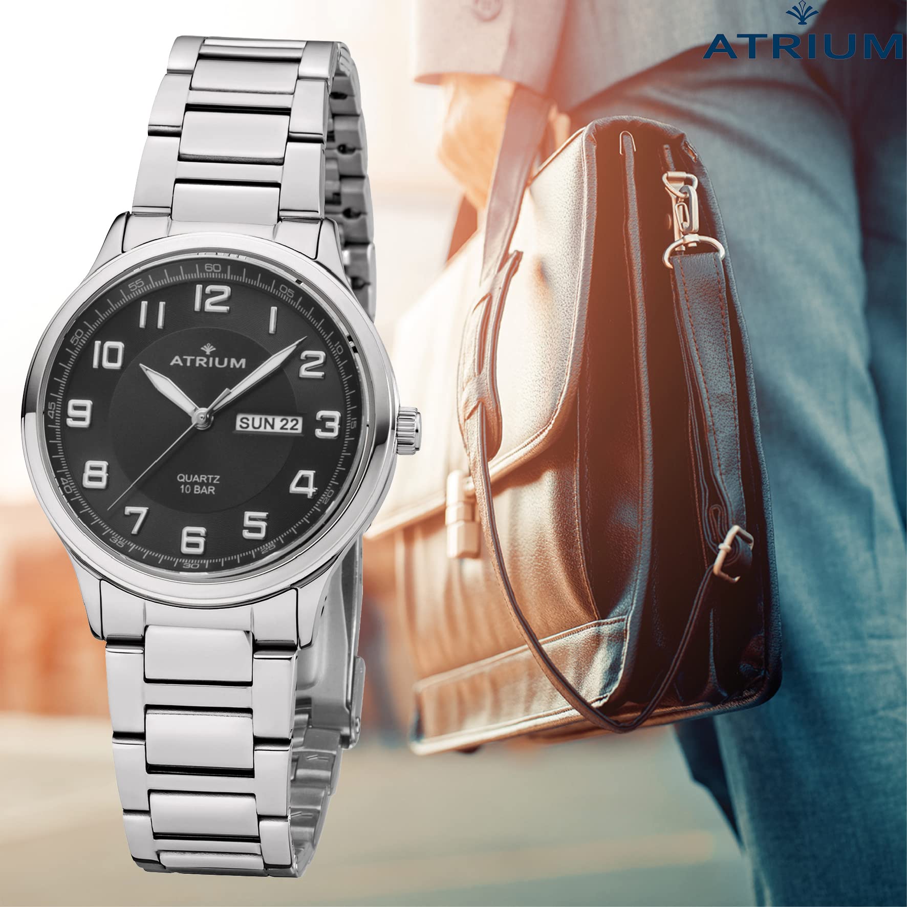Atrium Herren-Armbanduhr Edelstahl Analog Quarz 10 bar mit Edelstahl Armband und Wochentag Datum Anzeige Silberfarben A39-31