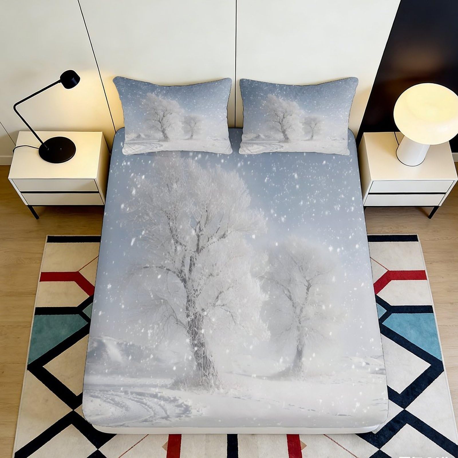 Pnayamiorkfel Style-4 3D Printed Snowy Winter Tree Fitted Sheet Microfiber Soft Bedroom Decor Frosted Forest Mattress Cover 90X200x25cm