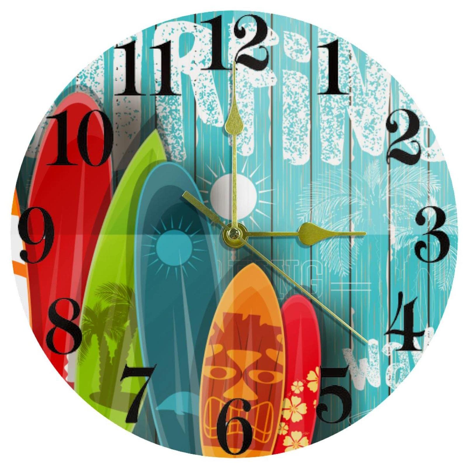 Horloge murale planche de surf colorée pour déco de cuisine et salon