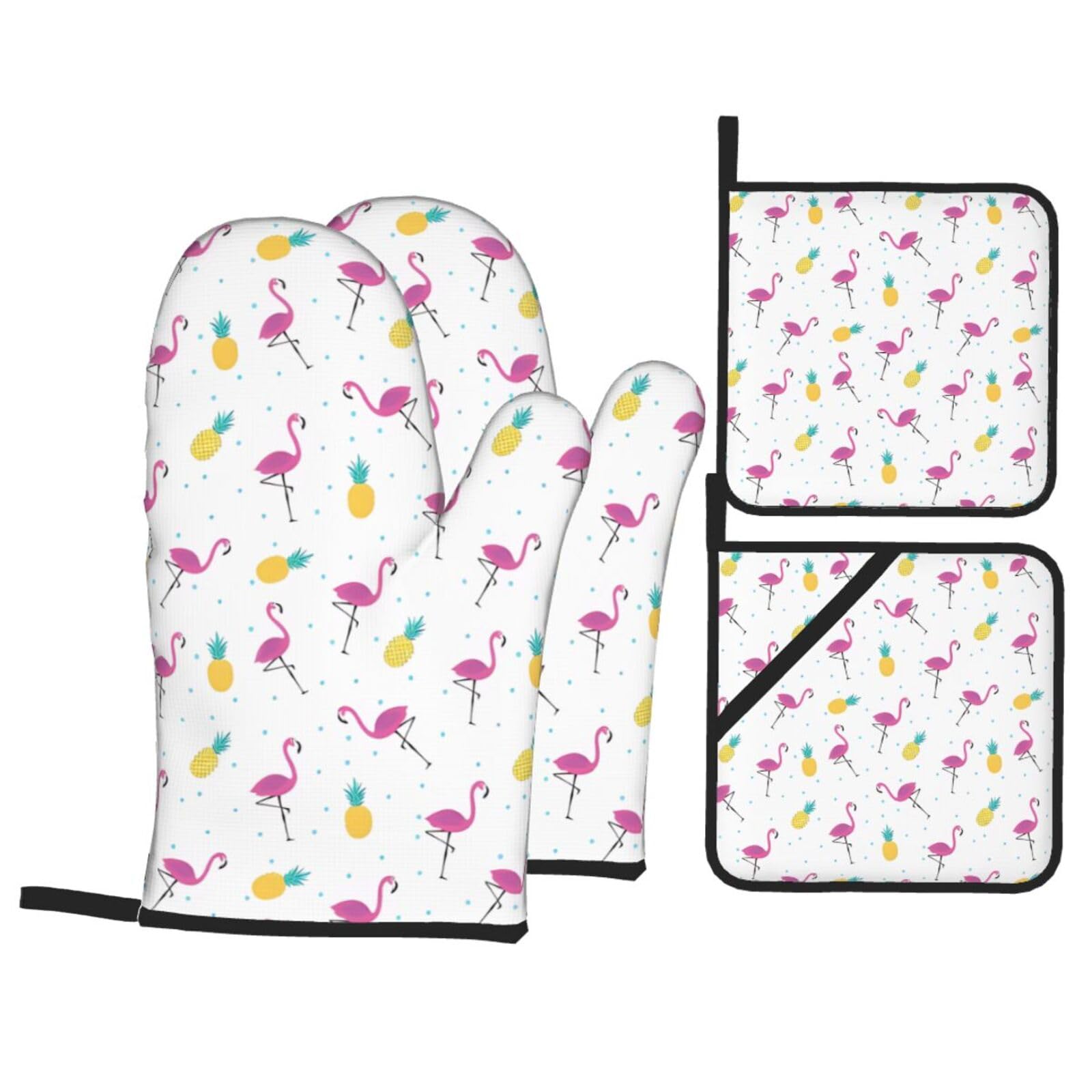 HJFCZH Flamingo and Pineapple Prints Kitchen Throw Set: Durable Oven Layers with Waterproof Polyester – 4 Piece Heat Protection System