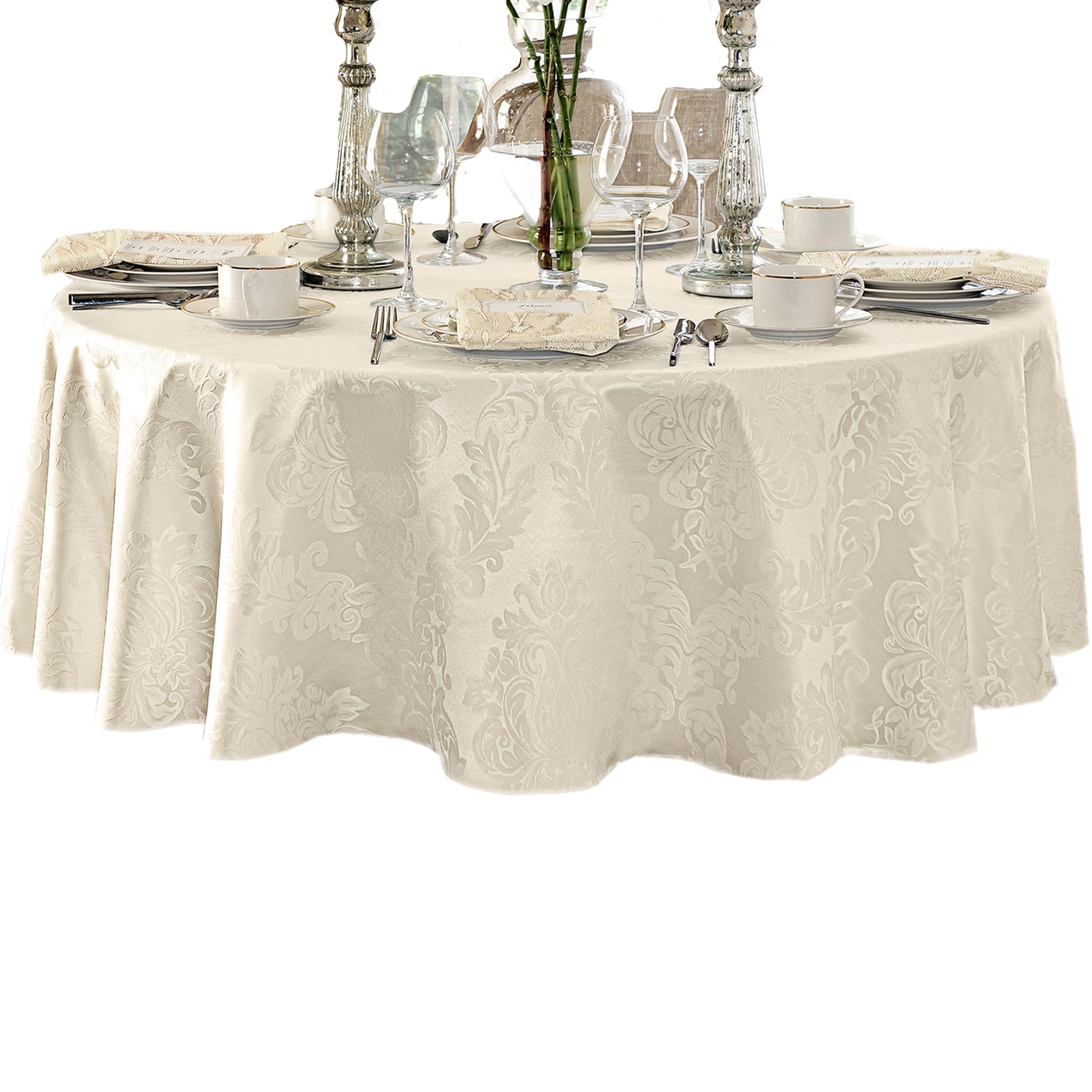 Newbridge Barcelona Luxury Damask Fabric Tablecloth, 70” Round, Antique White, 100% Polyester, No Iron, Soil Resistant Dining Room, Party and Banquet Table Cover