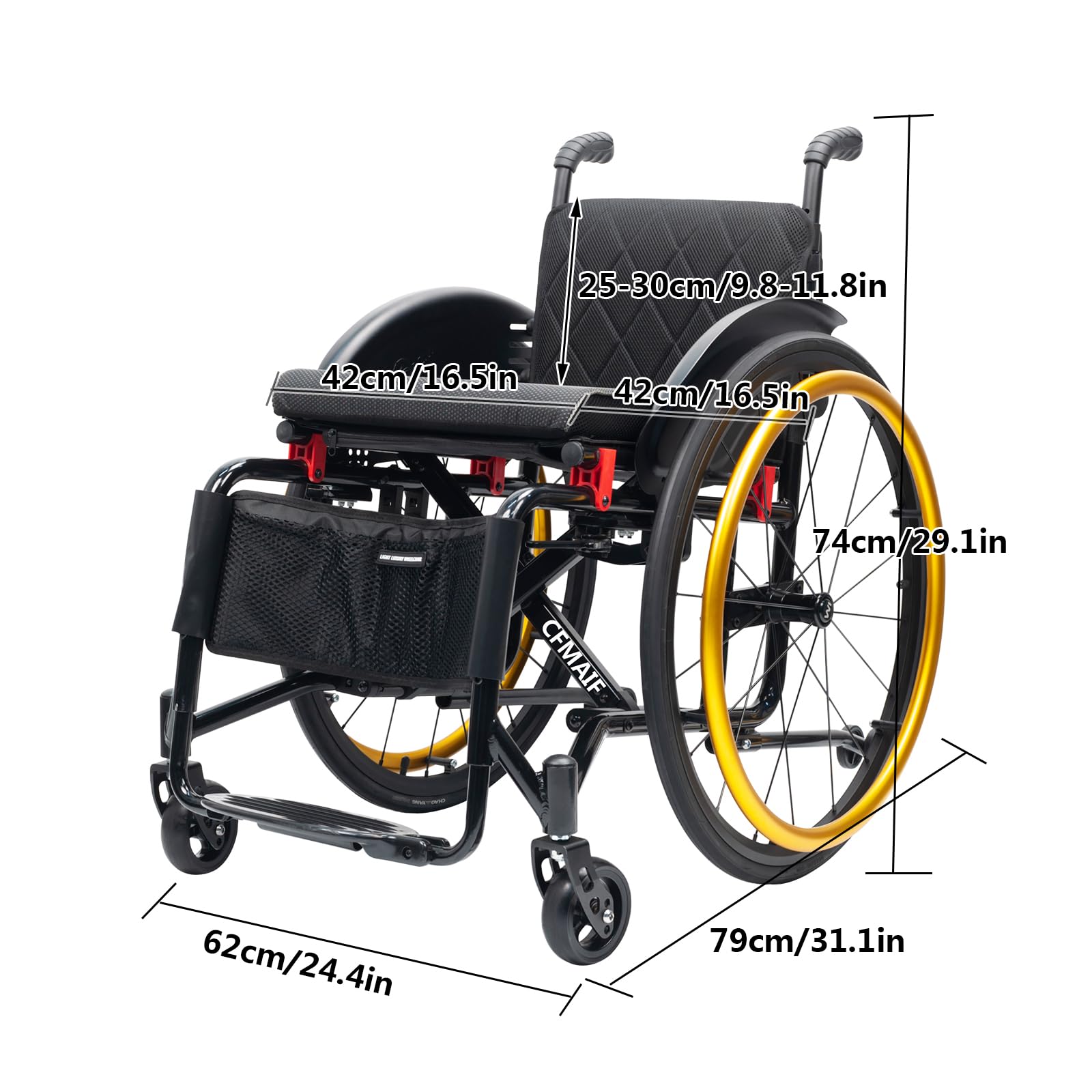 Aluminiowy wózek inwalidzki, składany, samobieżny, sportowy wózek inwalidzki, lekki, dla osób niepełnosprawnych, zapobiegający przewróceniu (42 cm/16,5 siedzenia, srebrny)