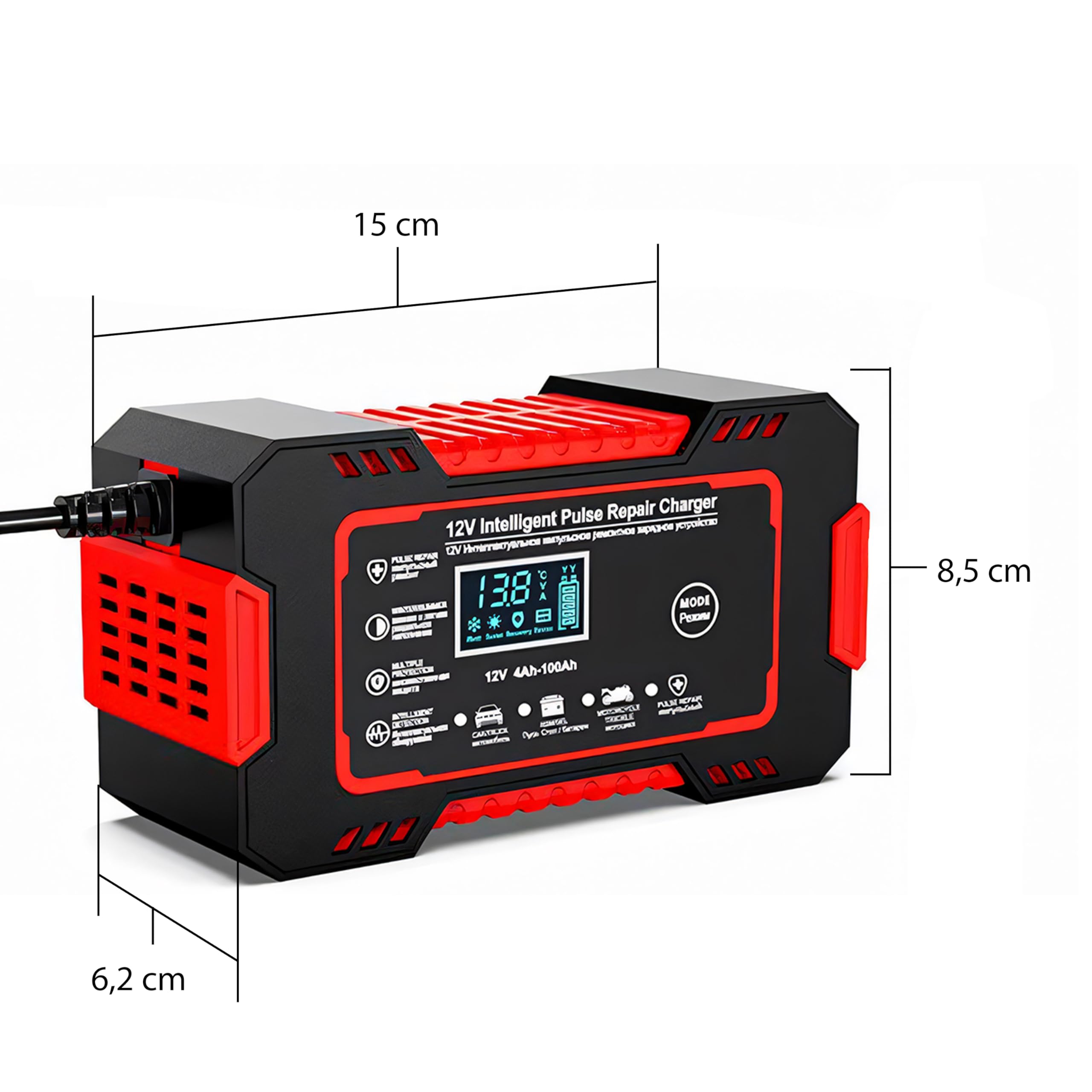 Retoo Automatyczna prostownica samochodowa 12 V/24 V 6A, LCD Smart Charger z funkcją naprawy, zintegrowany wentylator, 7 trybów ładowania, ochrona akumulatora